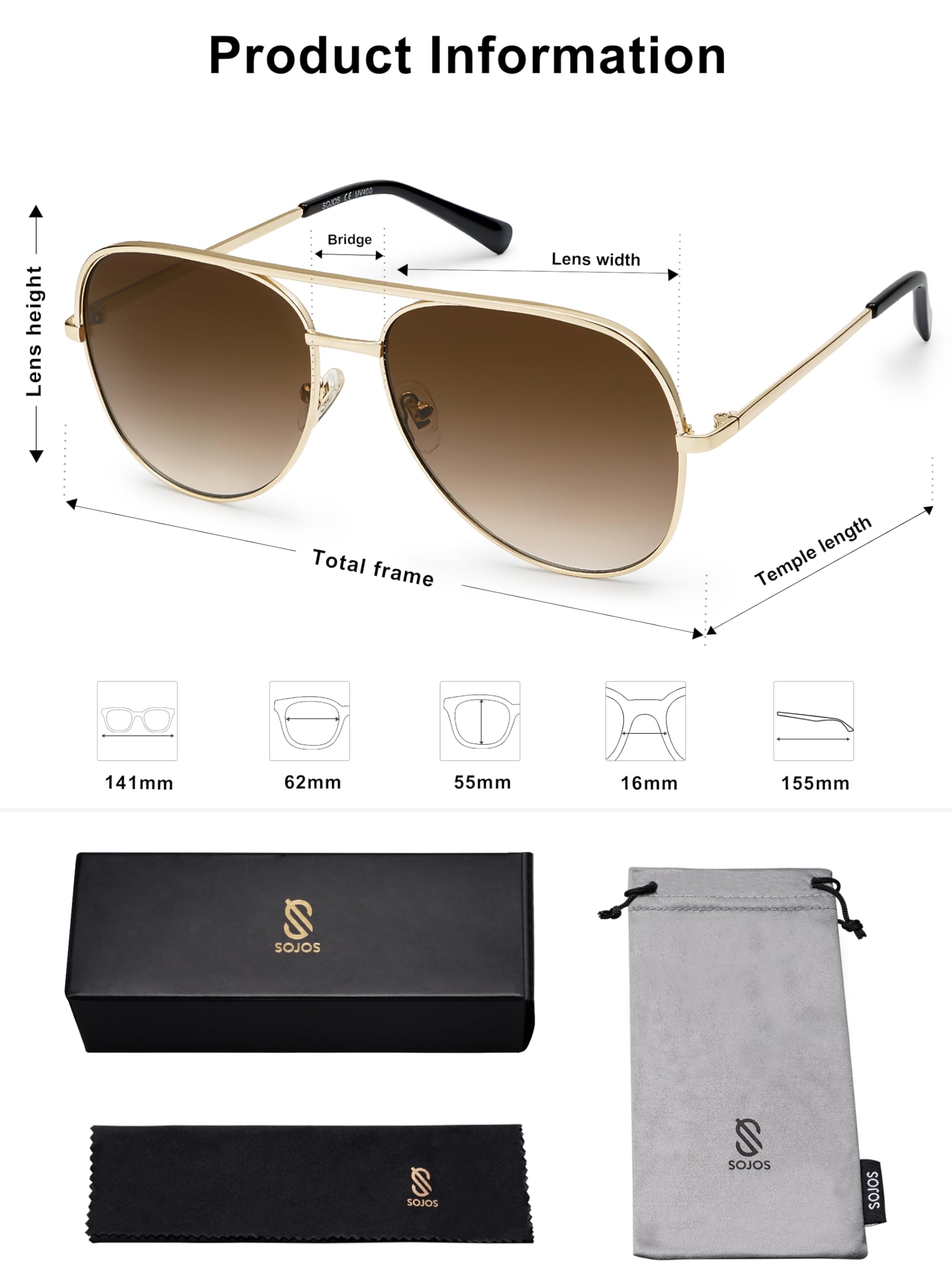 SOJOS Classic Aviator Sunglasses for Women Men Trendy Oversized Metal Frame UV400 Lenses SJ1220, Gold Frame/Gold Bar/Gradient Brown Lenses