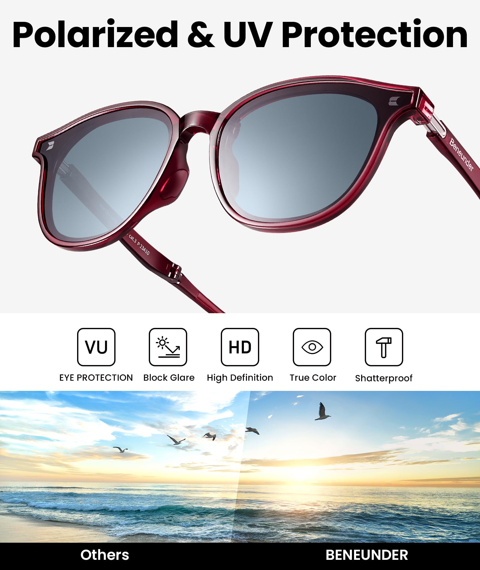 BENEUNDER Polarized Sunglasses for Womens & Mens, Retro Small Round Folding Sunglasses with UV400 Protection