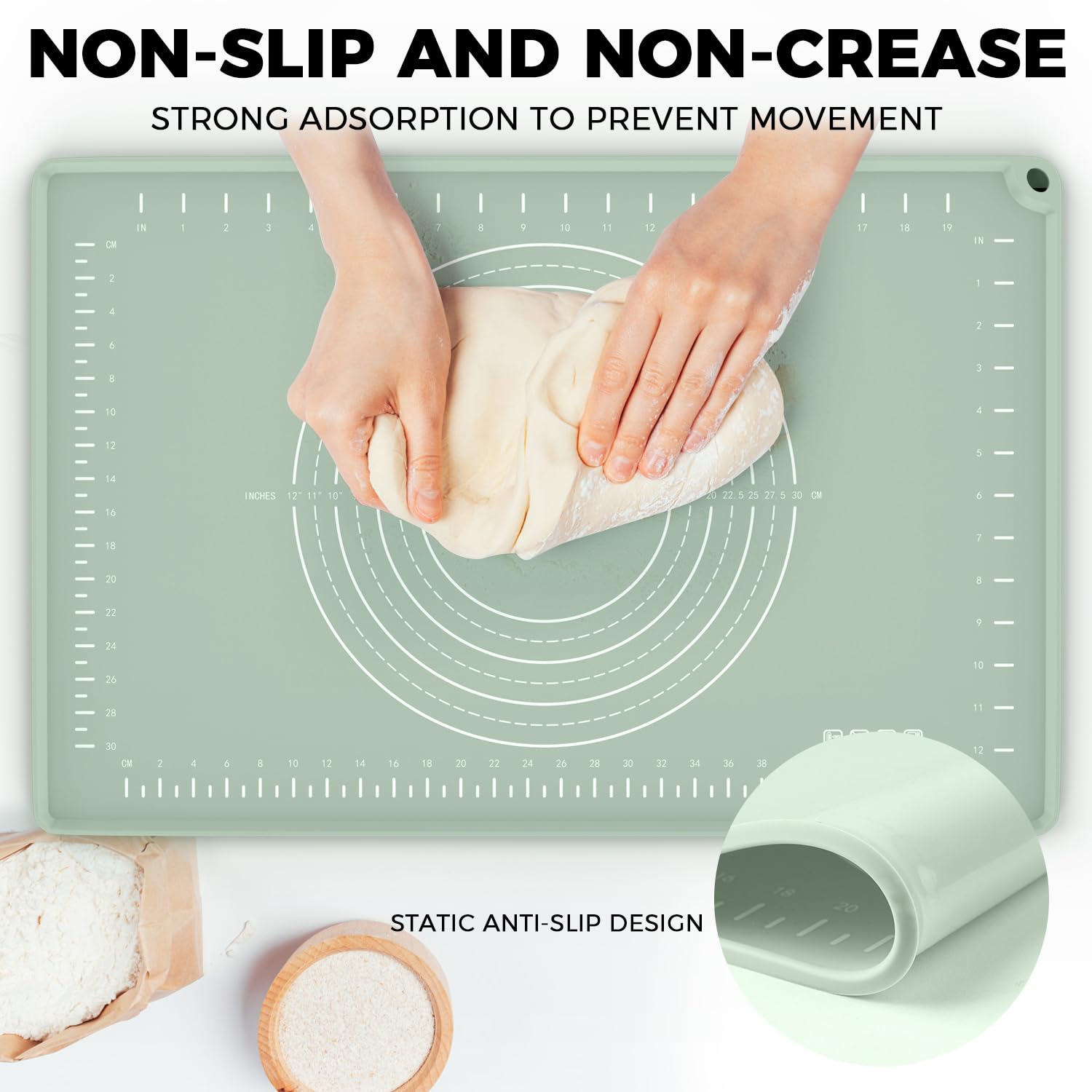 Silicone Baking Mat 24" x 16", Extra Thick Dough Rolling Mat with Measurements and Edge Heightening, Non-stick Food Grade Silicone Pastry Mat for for Pastry, Bread, Cookies, Pizza, Fondant, Pasta