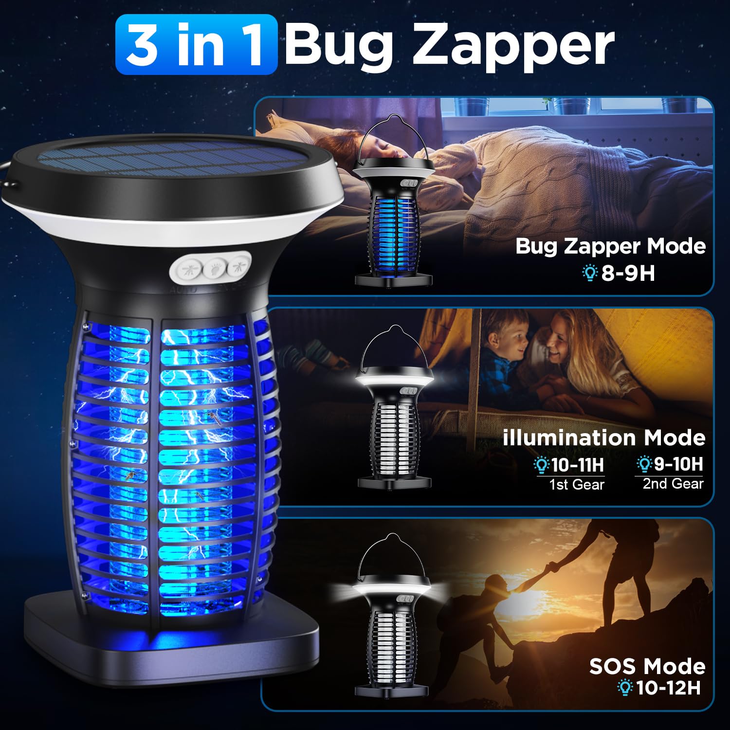 ZECHUAN Solar Bug Zapper Outdoor Waterproof, Portable Pest Control Electric Mosquito Zapper Killer with Panel Sensor, Rechargeable Insect Trap Fly Zapper for Home, Patio, Backyard, Camping