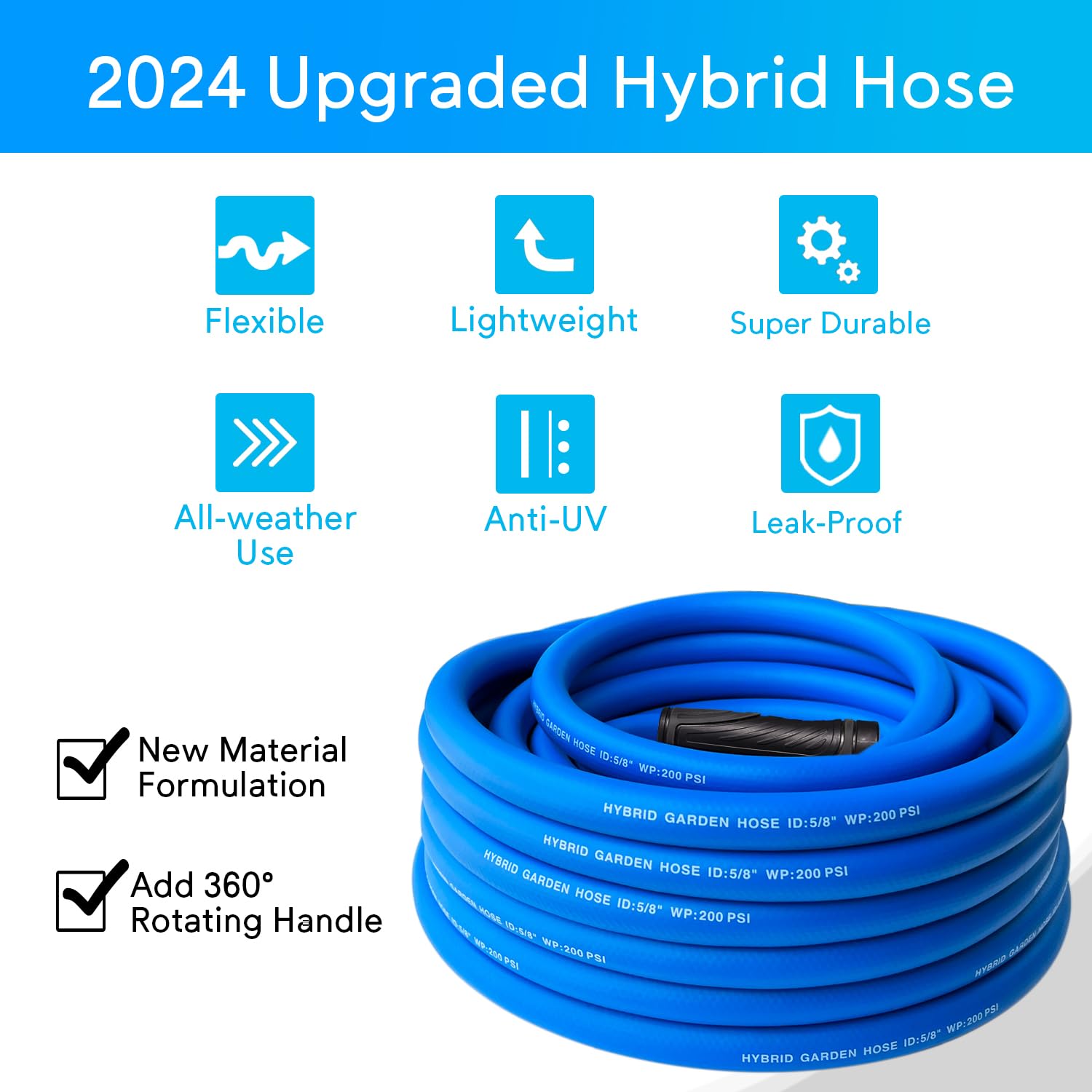 Sowgreen Upgraded Garden Hose 100 ft with 360° Rotating Handle, New Hybrid Water Hose 5/8 IN x 100FT, Flexible, Lightweight, Durable, Heavy Duty, All-weather, 3/4 IN GHT Solid Brass Fittings, Blue