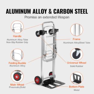 VEVOR Aluminum Folding Hand Truck, 2 in 1 Design 400 lbs Capacity, Heavy Duty Industrial Collapsible cart, Dolly Cart with Rubber Wheels for Transport and Moving in Warehouse, Supermarket, Garden