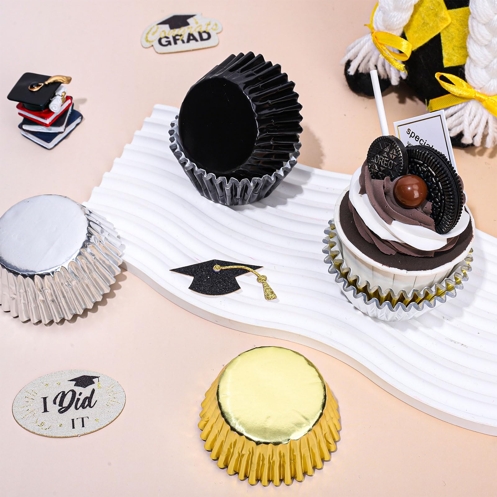 Whaline 150Pcs Graduation Cupcake Liners Congrats Grad Foil Baking Cups Black Silver Gold Foil Metallic Cupcake Wrappers for College High School Birthday Party Supplies Table Decor