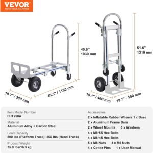 VEVOR Aluminum Convertible Hand Truck, 2 in 1 Design 800 Lbs Capacity, Heavy Duty Industrial Collapsible cart, Dolly Cart with Rubber Wheels for Transport and Moving in Warehouse, Supermarket, Garden