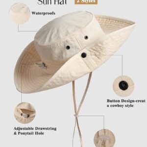 FURTALK Sun Hats for Women Ponytail UV Protection Summer Hat Wide Brim Packable UPF50 Cowboy Hat Hiking Fishing Hats Beige