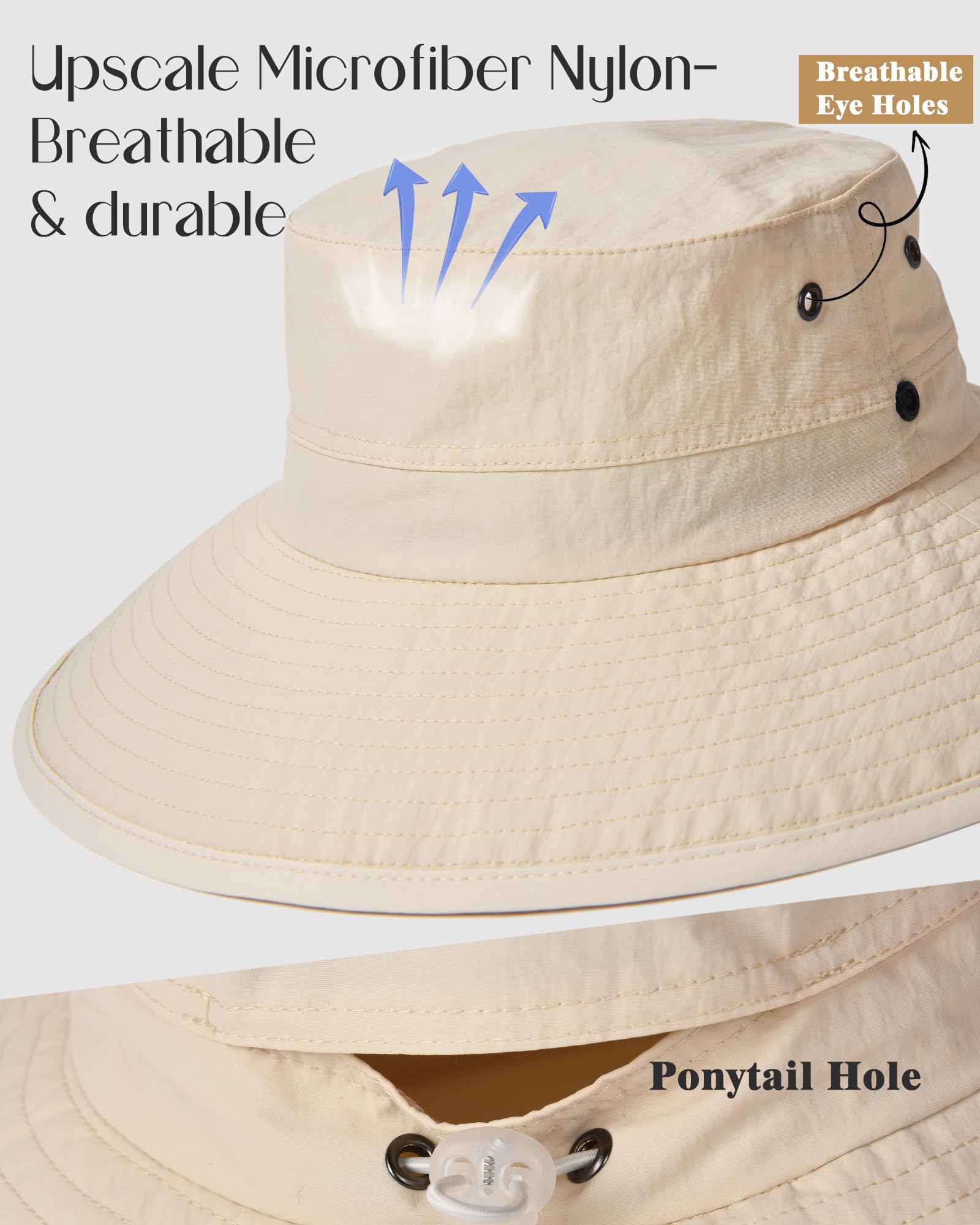 FURTALK Sun Hats for Women Ponytail UV Protection Summer Hat Wide Brim Packable UPF50 Cowboy Hat Hiking Fishing Hats Beige