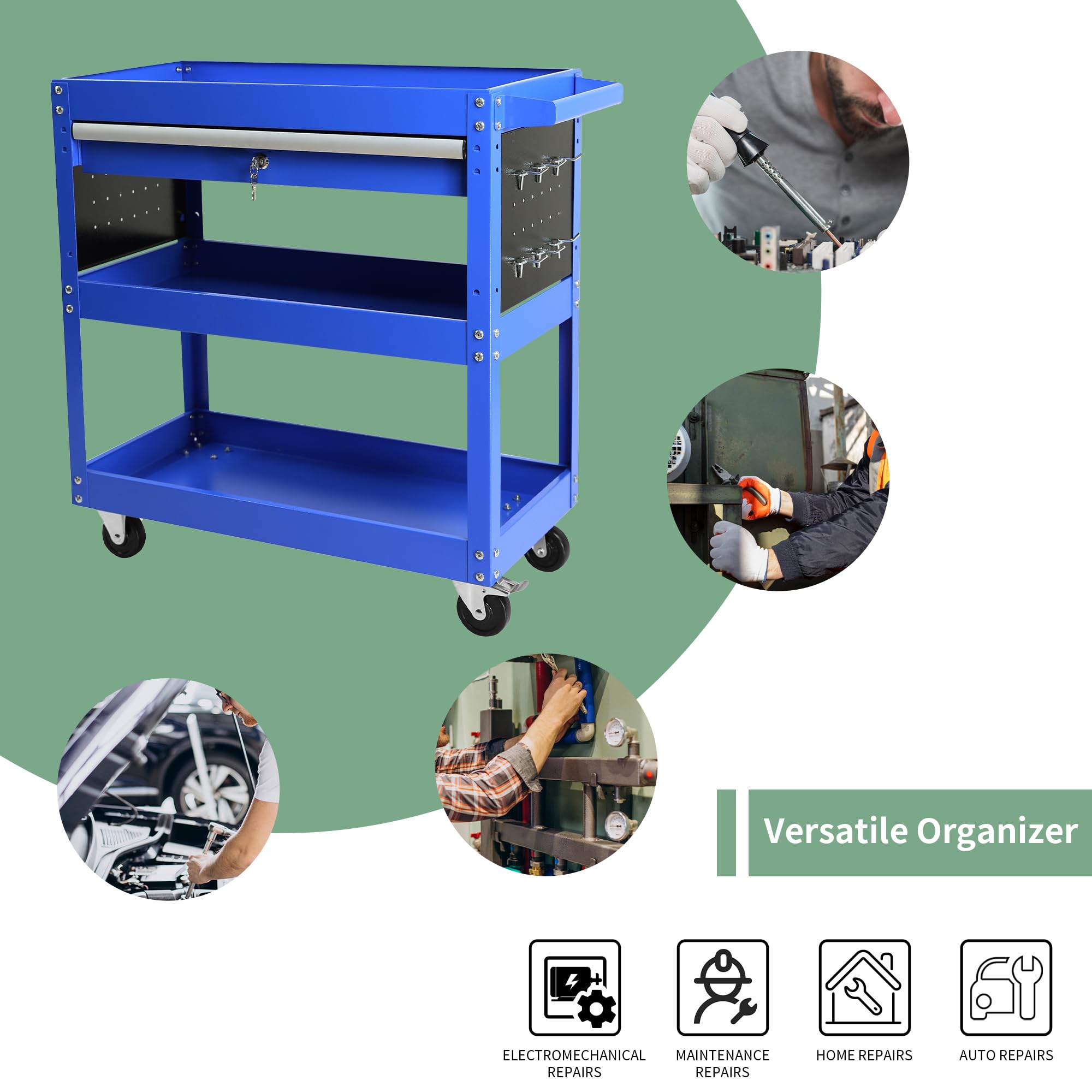 Heavy Duty 3 Tier Rolling Tool Cart with 1-Drawer,Service Cart Tool Organizer with Locking,Utility Cart Industrial Storage with Wheels and Handle for Warehouse,Garage,Workshop,Mechanic,Blue