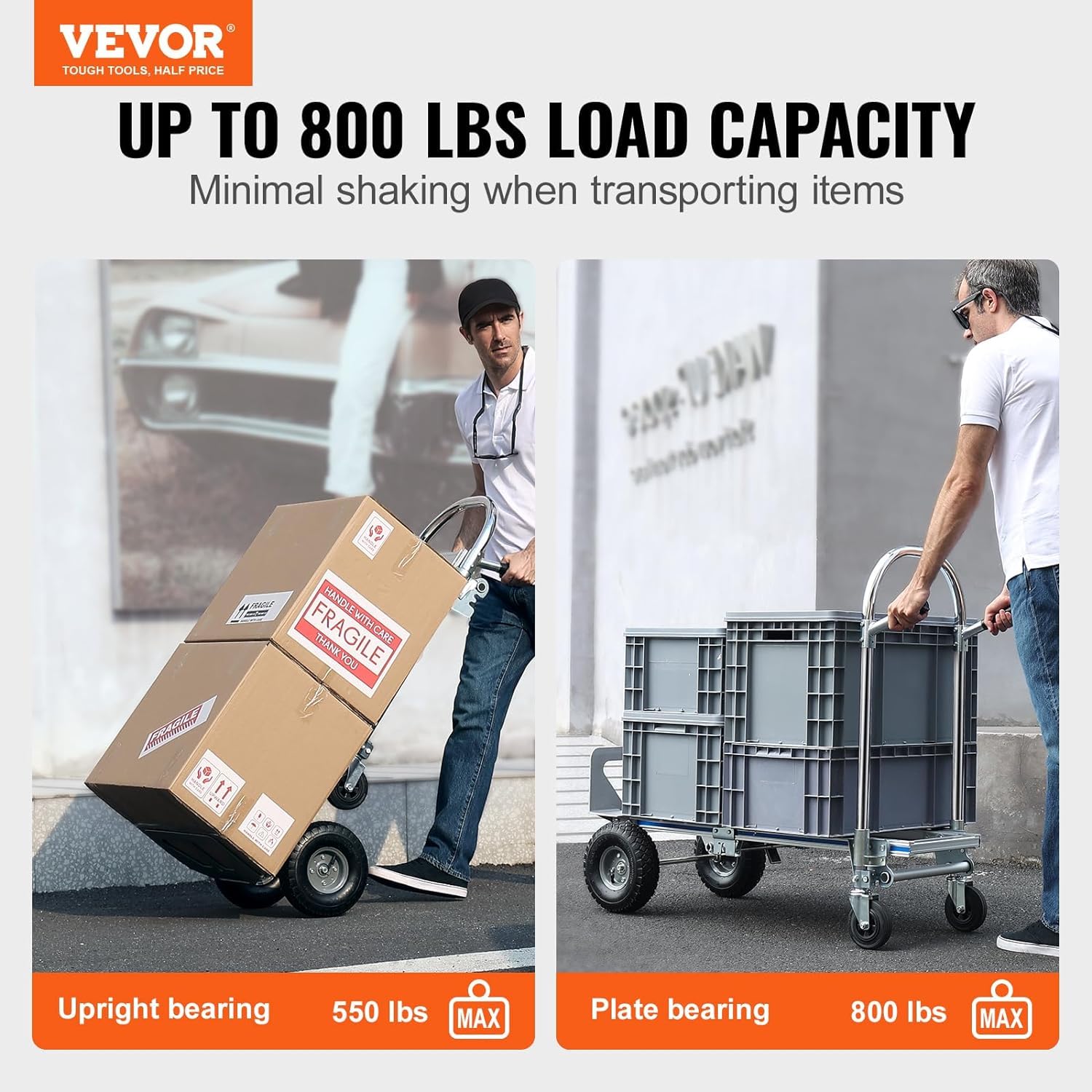 VEVOR Aluminum Convertible Hand Truck, 2 in 1 Design 800 Lbs Capacity, Heavy Duty Industrial Collapsible cart, Dolly Cart with Rubber Wheels for Transport and Moving in Warehouse, Supermarket, Garden