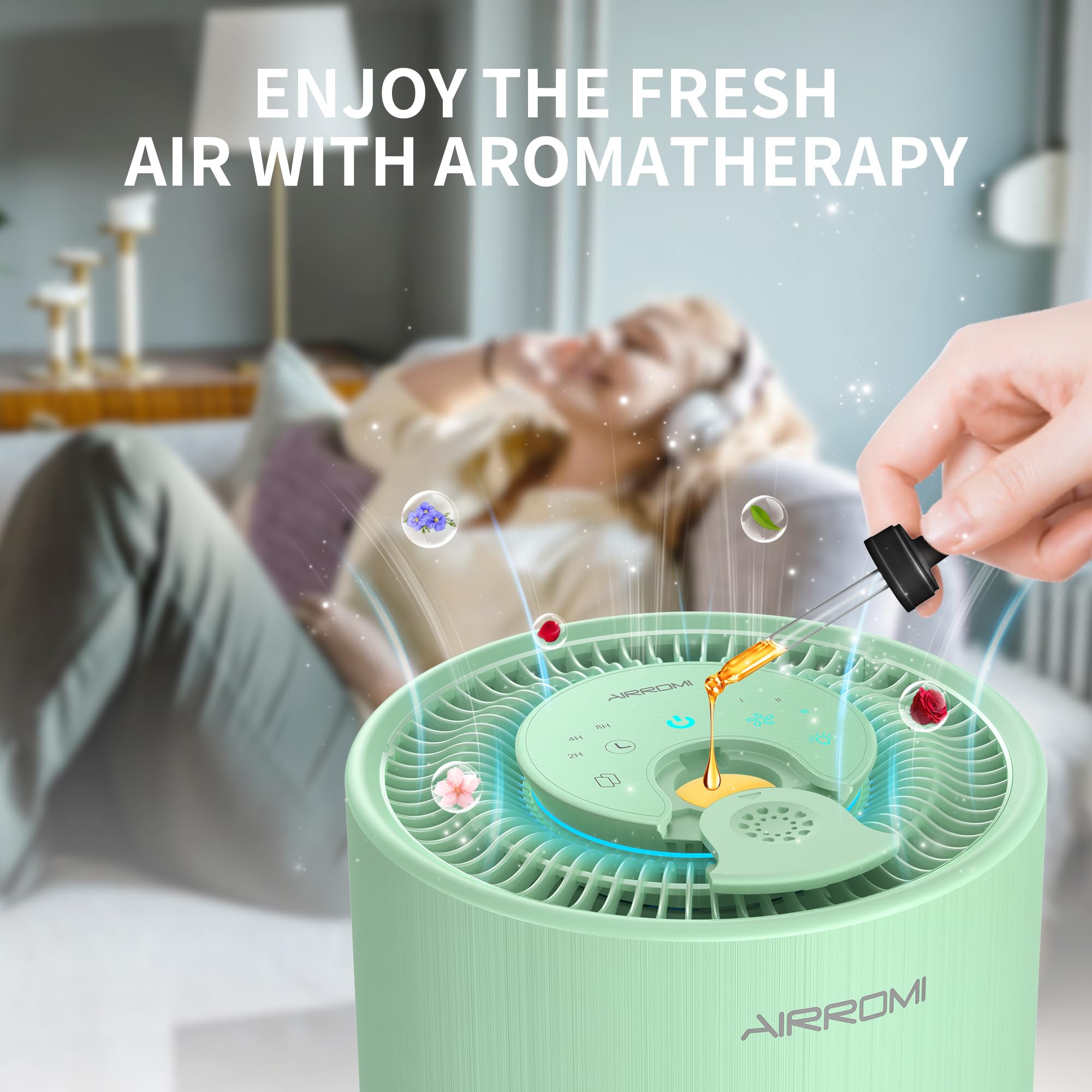 AIRROMI Air Purifiers with an Extrea Filter Covers Up to 990 sqft, Air Cleaner with Fragrance Sponge for Allergens Dust, Smoke, Odor, Dander, Pollen, H13 True HEPA 3-in-1 Filter Green