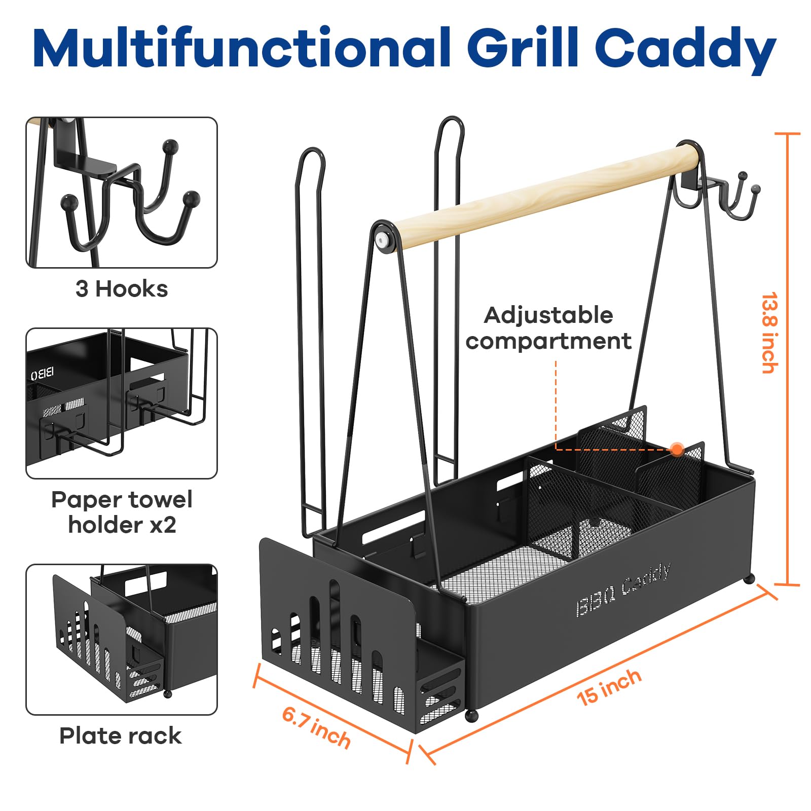 Grill Caddy for Outdoor Grill with 2 Paper Towel Holder, Wood Handle & 3 Hooks, Camper Accessories, Condiment Caddy, Plates, Cutlery, and BBQ Organizer for Camping Outdoor, RV