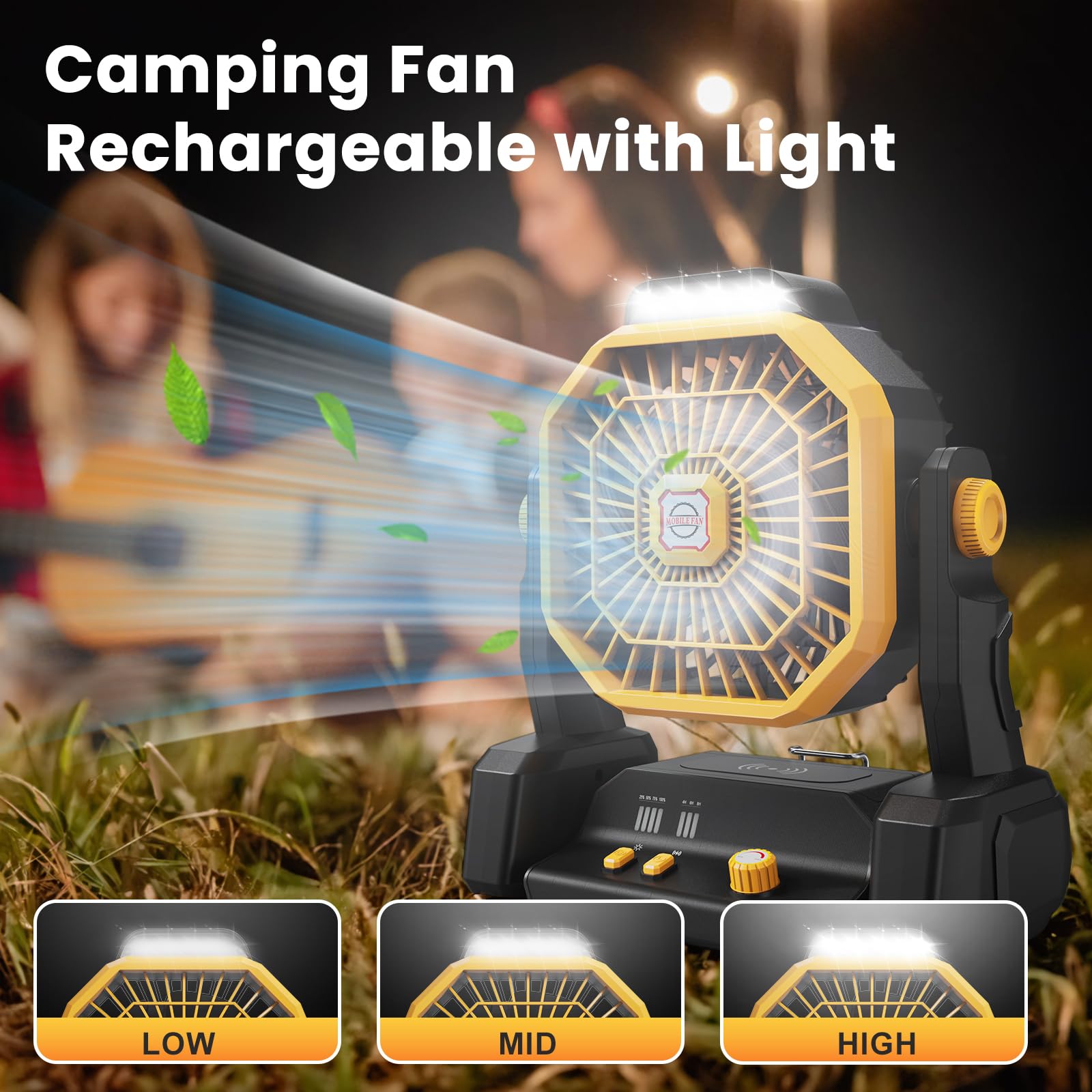 Camping Fan Rechargeable with Wireless Charger,10400mAh Portable Battery Operated Fan with LED Lantern,Hanging Hook,USB-C Charging,Table Fans for Fishing,Travel,RV, Bedroom, Job