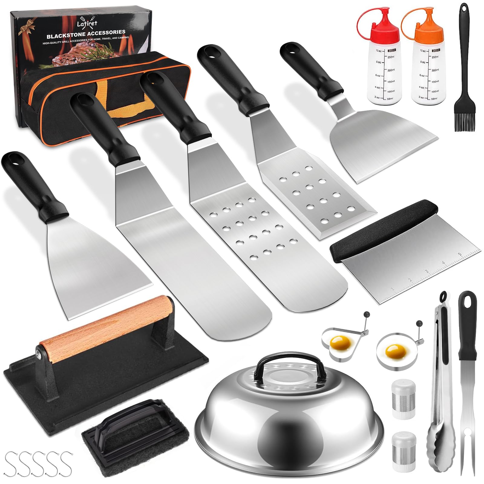 Latiret Griddle Accessories Kit, 24Pcs Grilling Accessories Set for Blackstone and Camp Chef, Flat Top Griddle Accessories Set with Scraper, Enlarged Spatulas, Basting Cover for BBQ