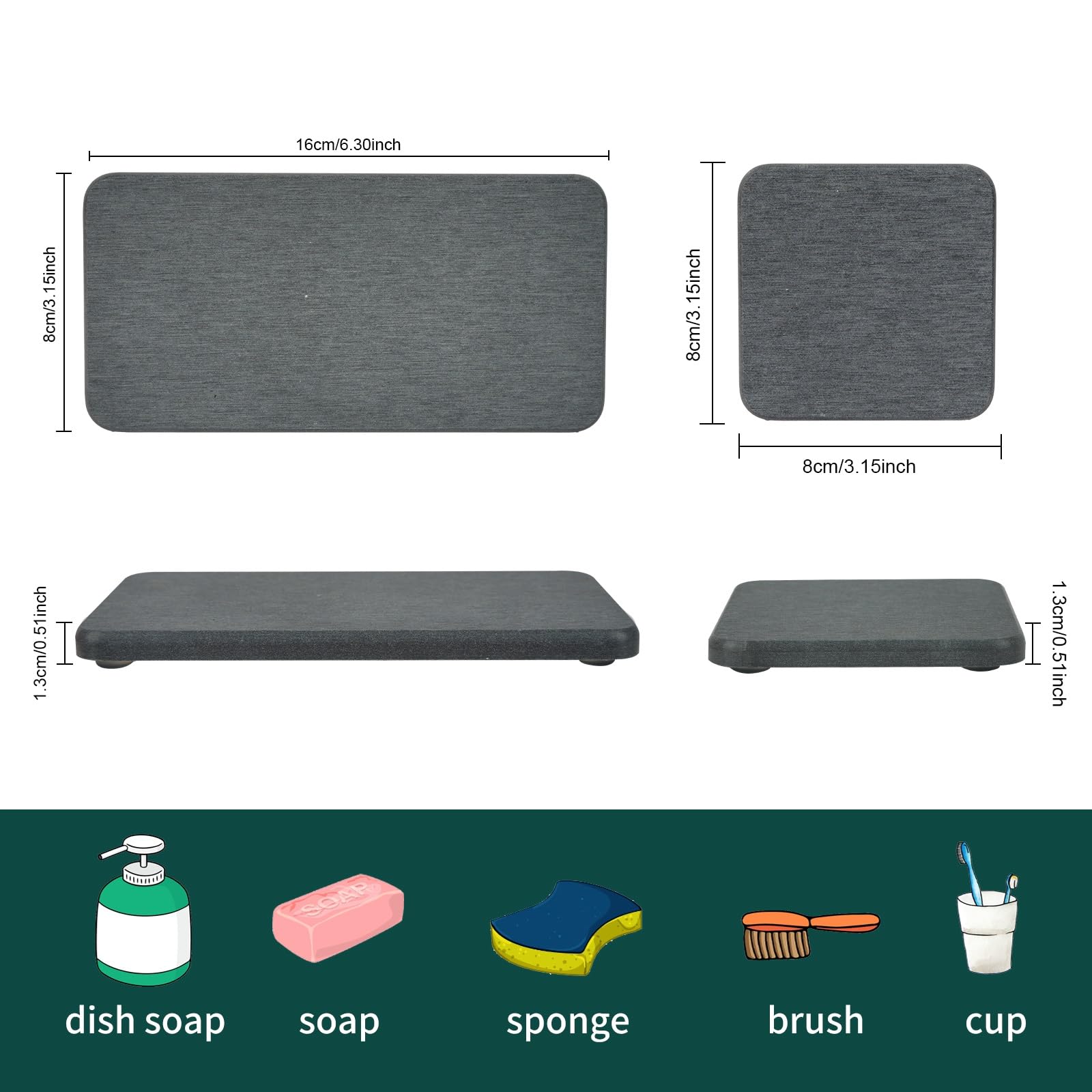 Hachacha Soap Dishes, 4-Set Water Absorbent Diatomite Earth Drying Mats - 2 Large & 2 Small Trays with Anti-Slip Pad, Sandpaper. Ideal for Kitchen Counter, Under Plants, Bath, Toiletries, Deep Grey