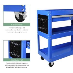 Heavy Duty 3 Tier Rolling Tool Cart with 1-Drawer,Service Cart Tool Organizer with Locking,Utility Cart Industrial Storage with Wheels and Handle for Warehouse,Garage,Workshop,Mechanic,Blue