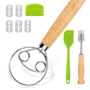 danish dough whisk - bread whisk, dutch whisk for dough, with dough scraper bread cutter, bread lame dough scoring tool + 5 blades and case, bread making tools