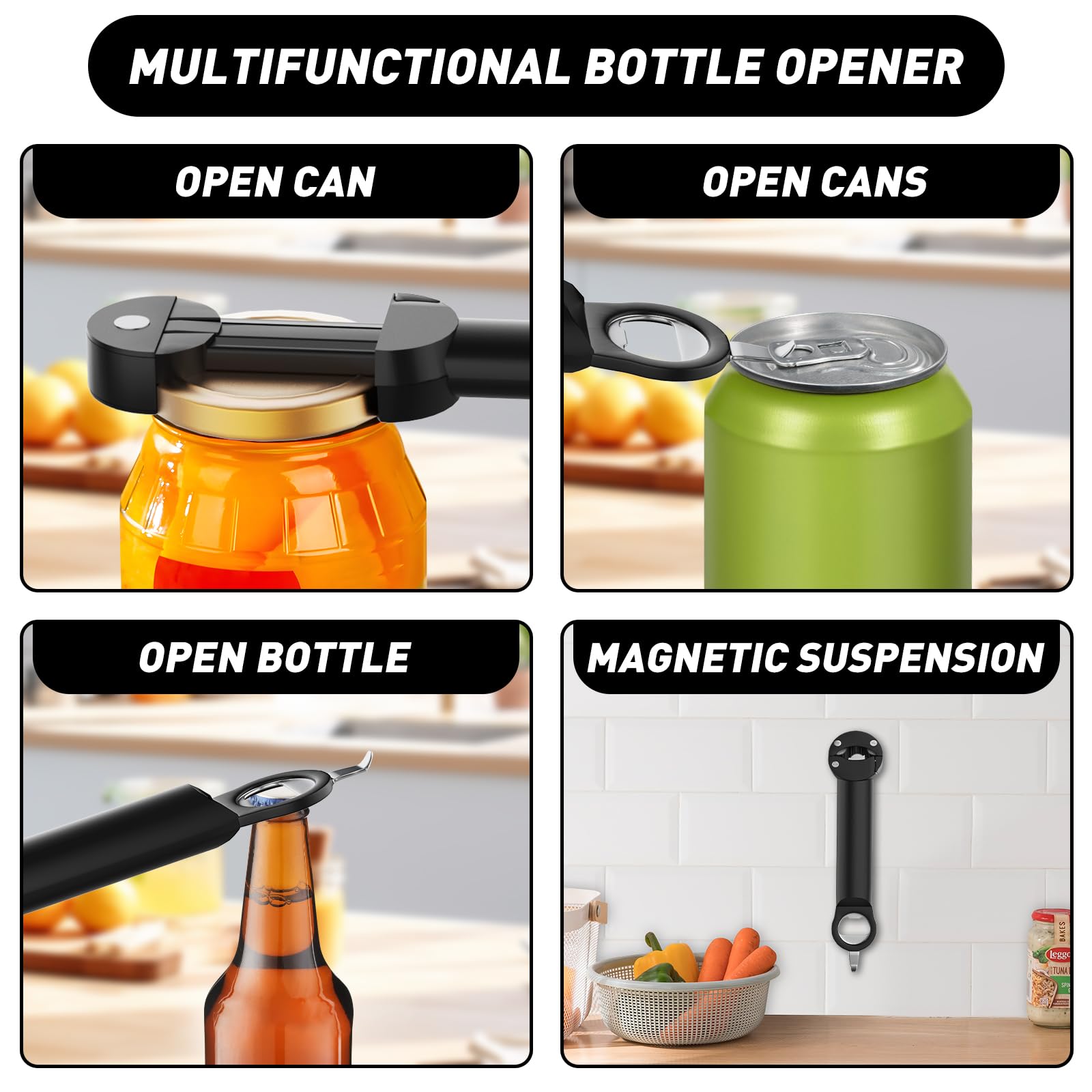 Banyaa Jar Opener Bottle Opener for Seniors with Arthritis, Multi Retractable Magnetic Can Opener, Jar Grippers for Opening Jars, Kitchen Gadgets for Weak Hands and Senior Arthritis (Black)