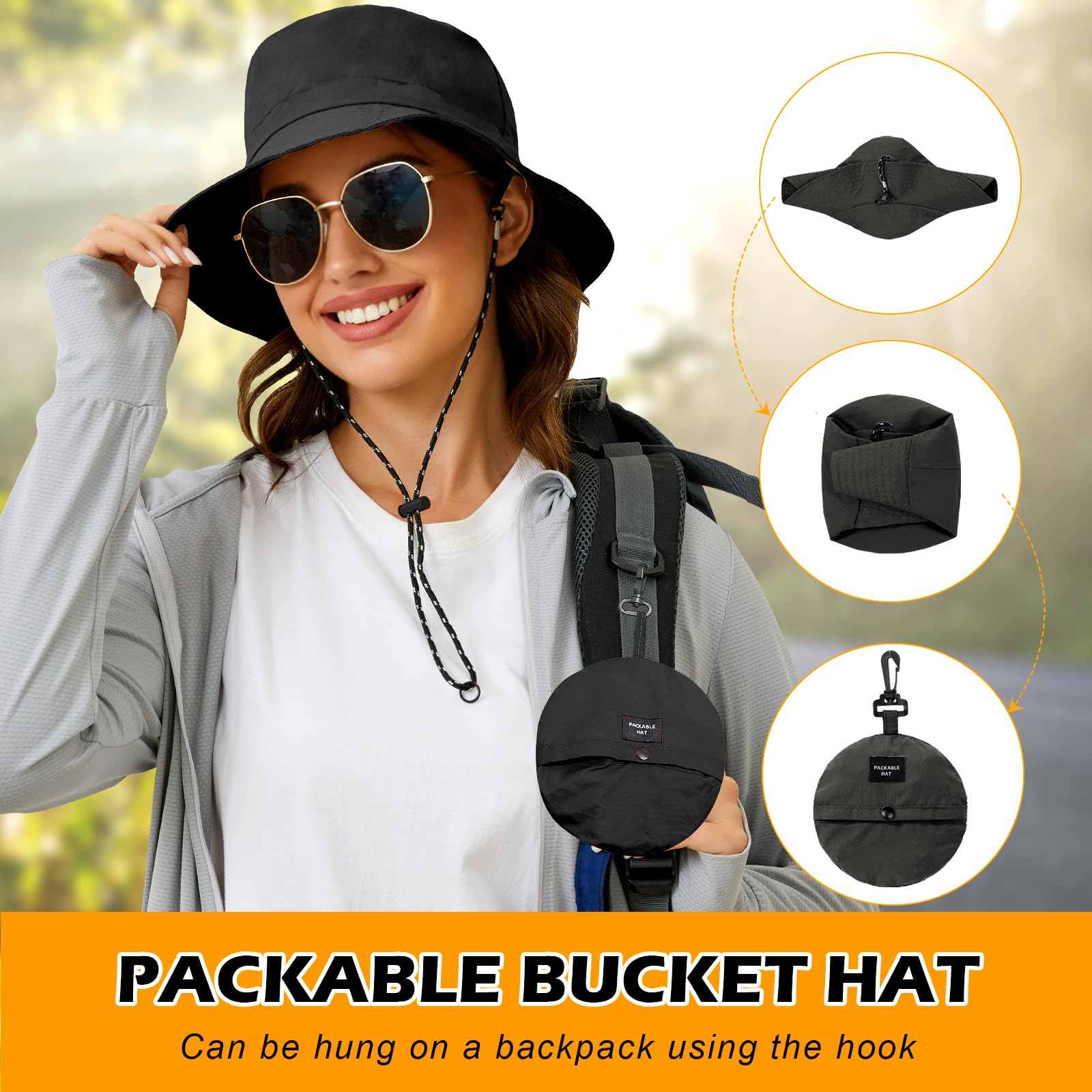 MIDNIGHTSUN Waterproof Bucket Hat Women Packable Outdoor Fishing Hat Lightweight Men UV Protection Summer Sun Hat （Black, One Size