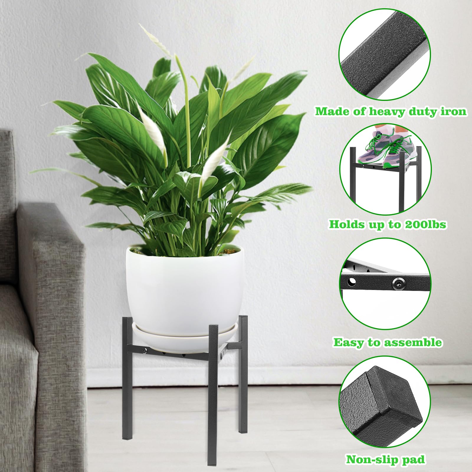 Airpark Plant Stand Indoor Adjustable, Metal Modern Plant Stand, Heavy Duty Stable Plant Pot Flower Holder Indoor Outdoor Corner, Fit 8 9 10 11 12 inch Pots, Black (Pot & Plant Not Included)