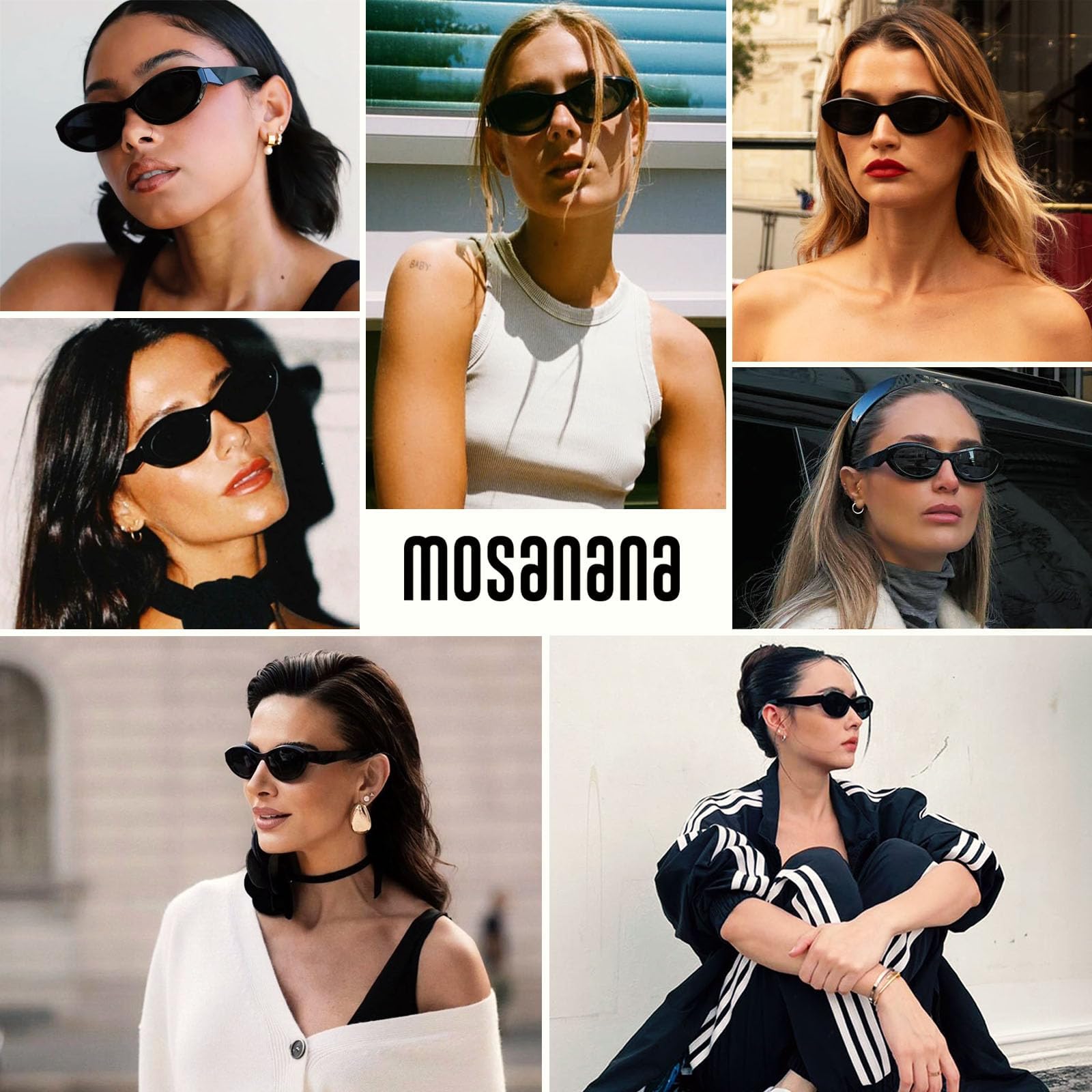 mosanana Oval Cat Eye Sunglasses for Women Black Retro Vintage Trendy Fashion Cute Cool Small Face 90s Narrow Stylish Chunky Frame MS52372