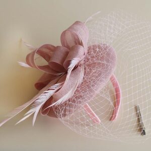 Focupaja Fascinators Hats Women Pillbox Hat with Mesh Veil Feathers Derby Headband Wedding Headwear Tea Party Hair Clip 20s 50s Top Hat W4-38-Pink