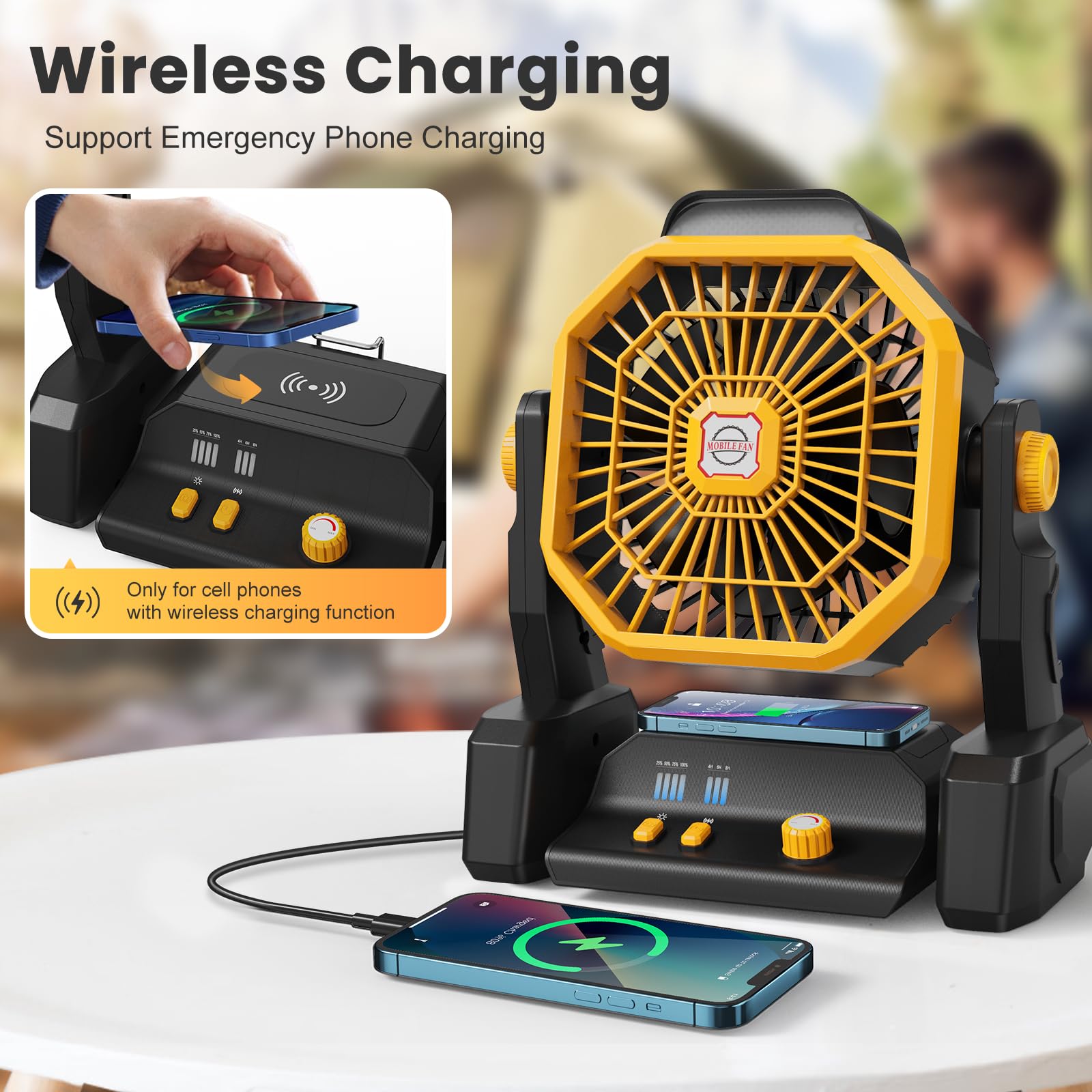 Camping Fan Rechargeable with Wireless Charger,10400mAh Portable Battery Operated Fan with LED Lantern,Hanging Hook,USB-C Charging,Table Fans for Fishing,Travel,RV, Bedroom, Job