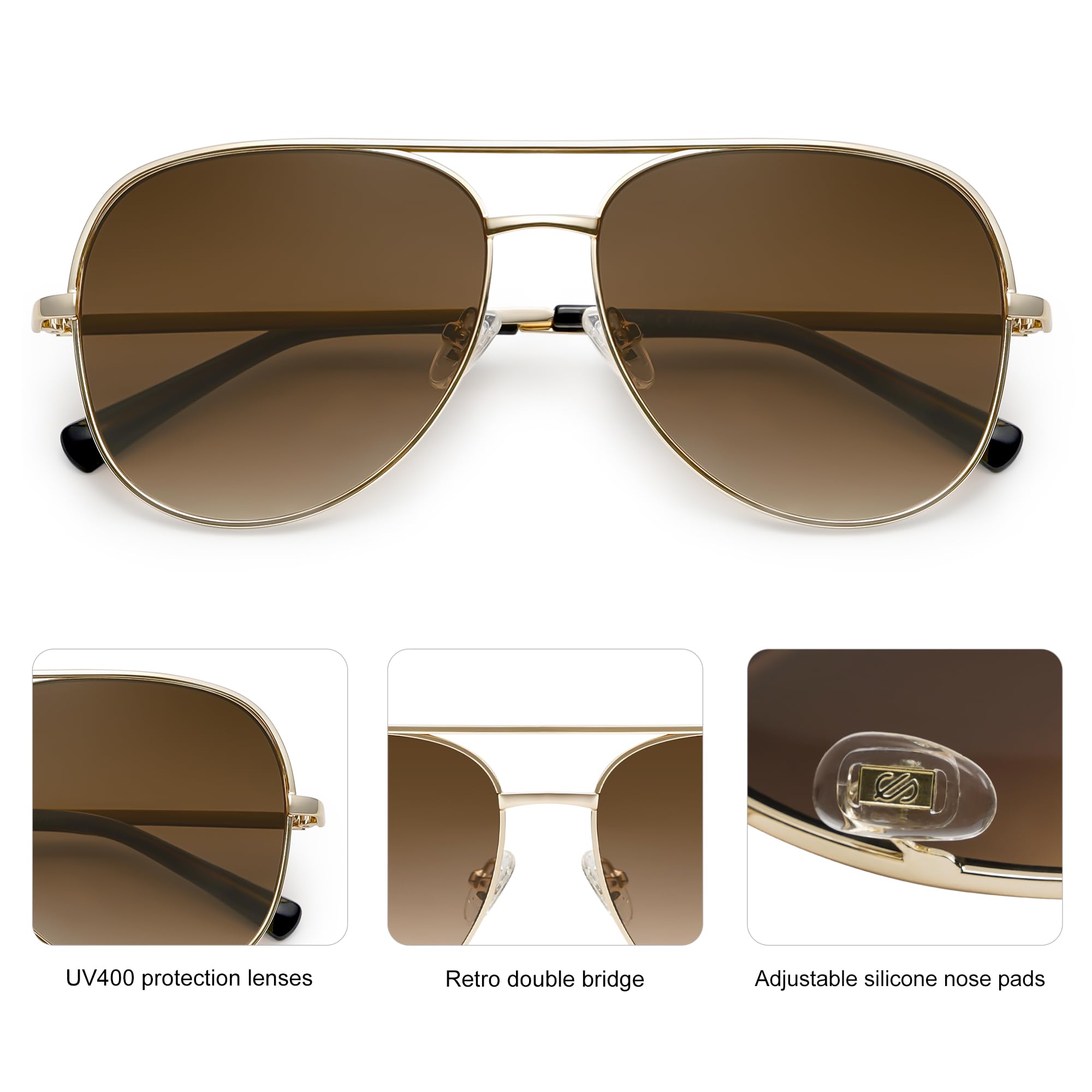 SOJOS Classic Aviator Sunglasses for Women Men Trendy Oversized Metal Frame UV400 Lenses SJ1220, Gold Frame/Gold Bar/Gradient Brown Lenses