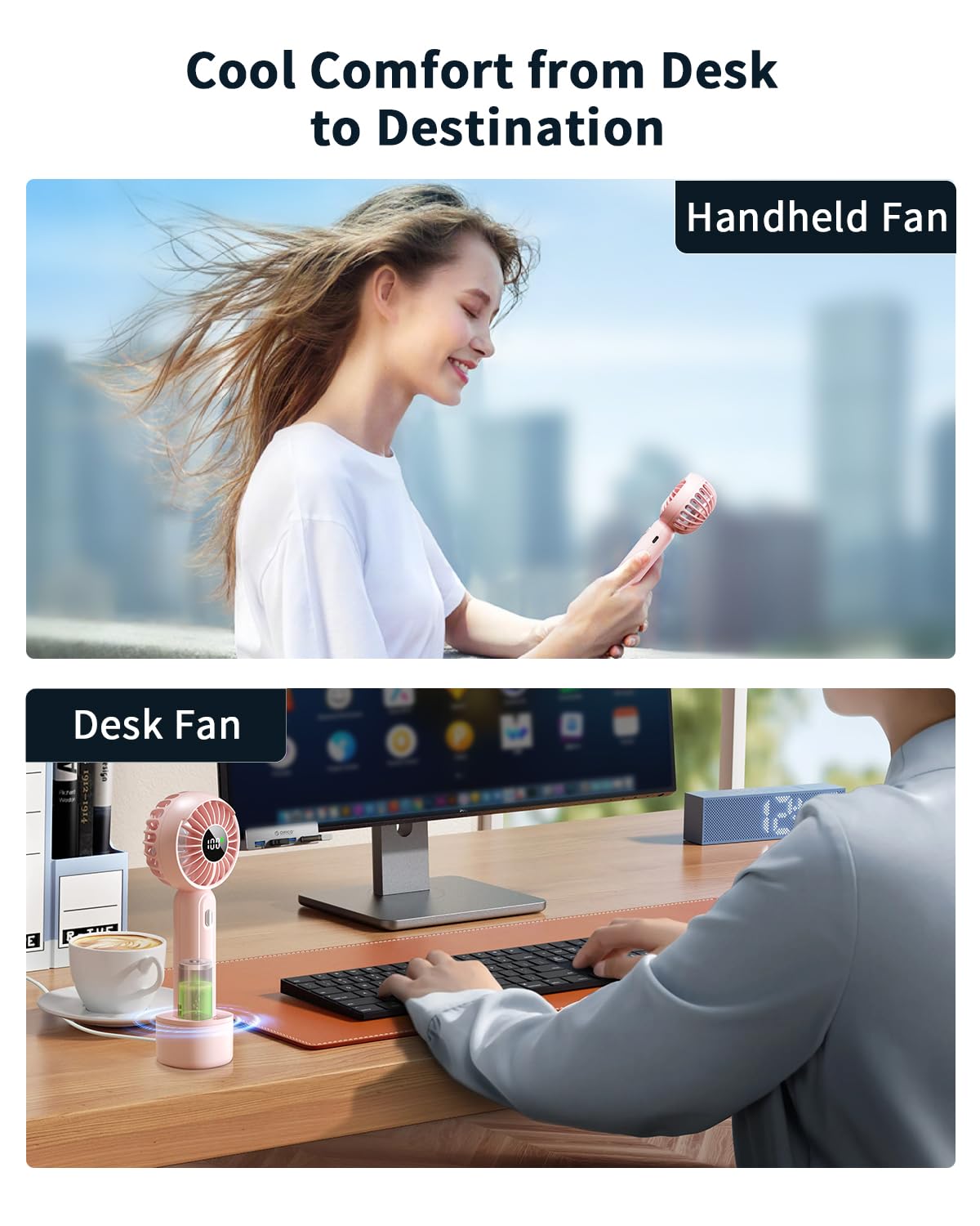 Handheld Fan with 𝗪𝗶𝗿𝗲𝗹𝗲𝘀𝘀 Charging Base, 3 Speeds Portable Fan with Digital Display, 2000mAh Battery Operated Hand Held Fan, Handheld/Desk 2 in 1 Personal Fan Lash Fan Makeup Fan (Pink)