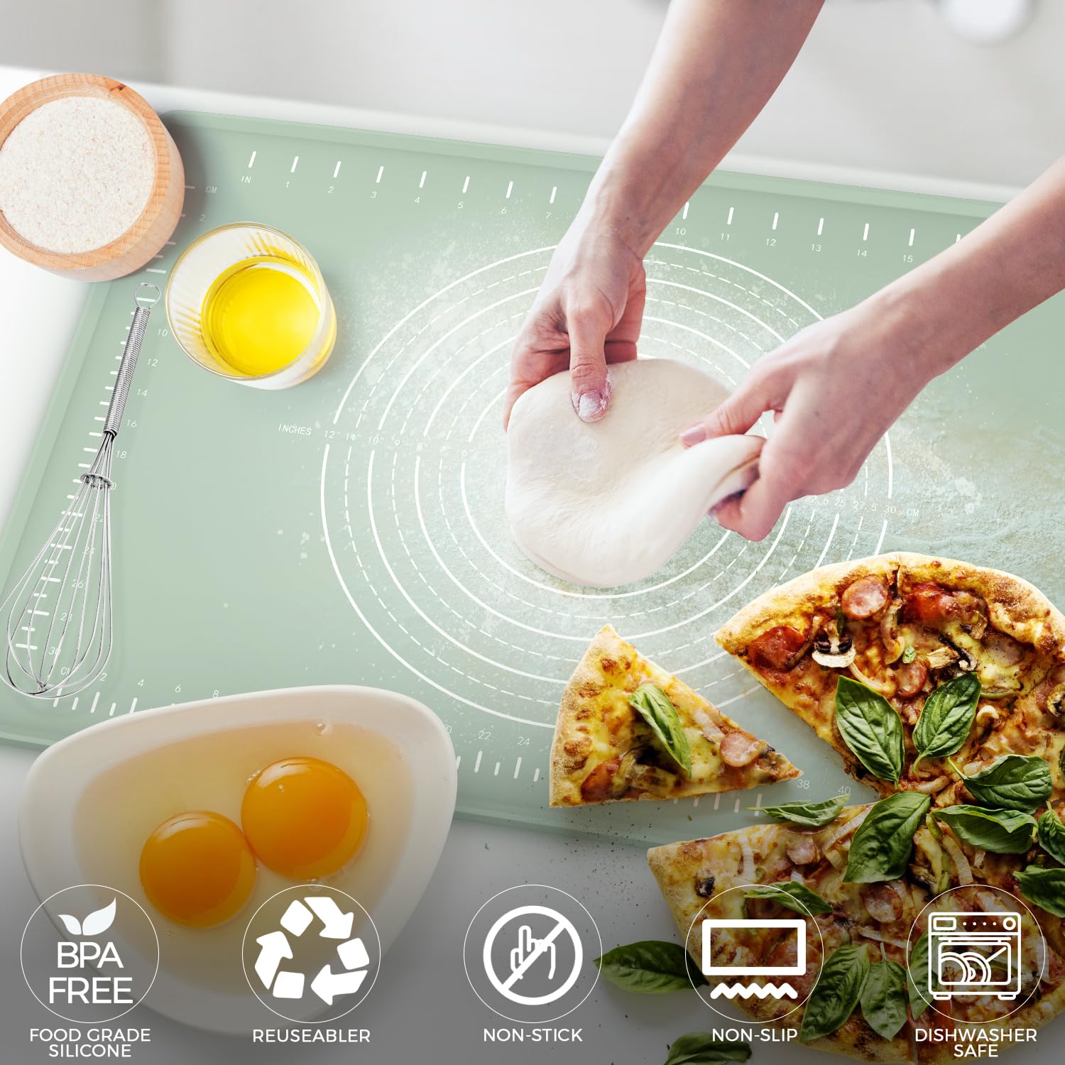 Silicone Baking Mat 24" x 16", Extra Thick Dough Rolling Mat with Measurements and Edge Heightening, Non-stick Food Grade Silicone Pastry Mat for for Pastry, Bread, Cookies, Pizza, Fondant, Pasta