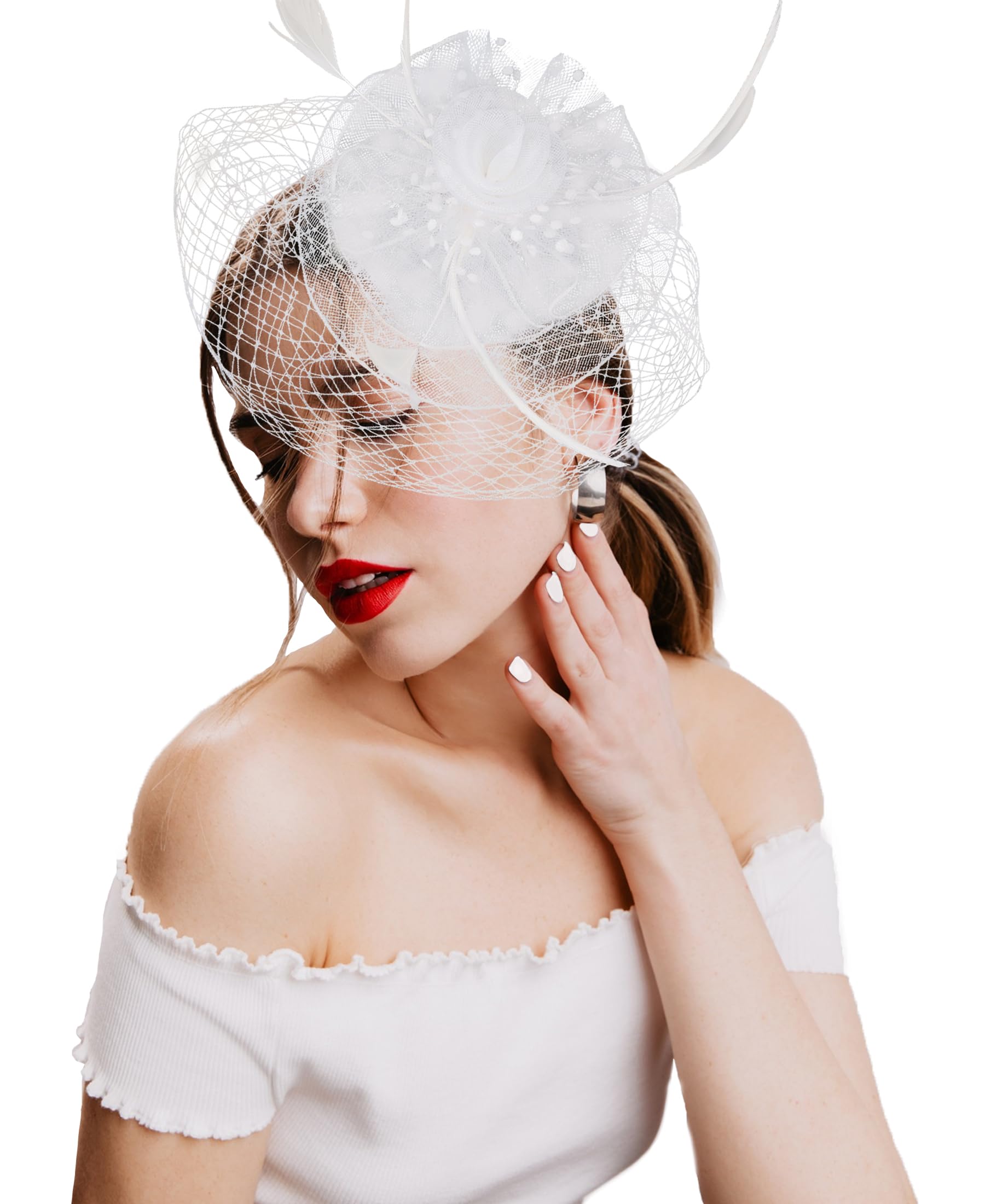 Kidukso Mesh Veil Hats Headbands Bridal Fascinators Hats with Headband and Clip Women Lady Kentucky Derby Cap Wedding Tea Party, White