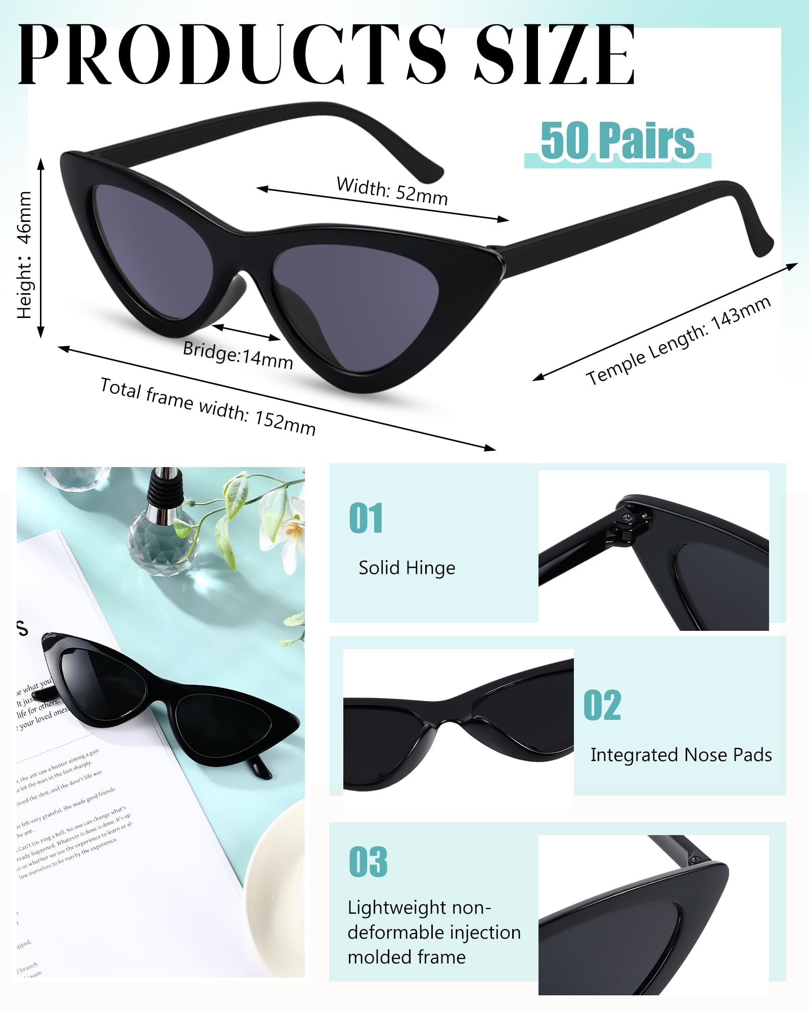 Tellegloww 50 Pairs Cat Eye Sunglasses Bulk 90s Retro Sunglasses Old Lady Glasses Wedding Party Gifts for Guests(Black, Gray)