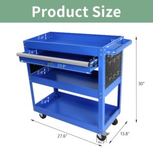 Heavy Duty 3 Tier Rolling Tool Cart with 1-Drawer,Service Cart Tool Organizer with Locking,Utility Cart Industrial Storage with Wheels and Handle for Warehouse,Garage,Workshop,Mechanic,Blue