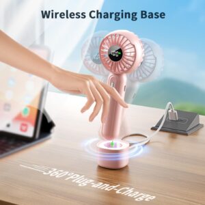 Handheld Fan with 𝗪𝗶𝗿𝗲𝗹𝗲𝘀𝘀 Charging Base, 3 Speeds Portable Fan with Digital Display, 2000mAh Battery Operated Hand Held Fan, Handheld/Desk 2 in 1 Personal Fan Lash Fan Makeup Fan (Pink)