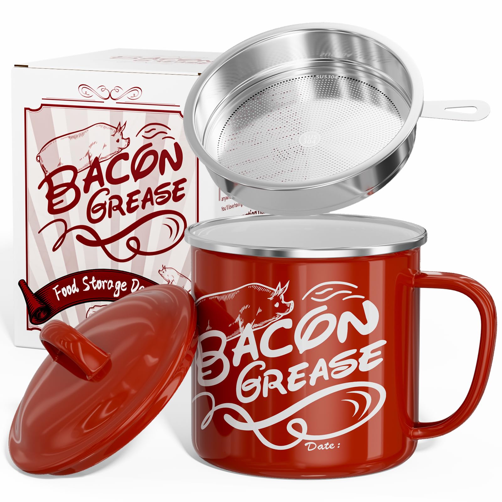 Ffrwjc Bacon Grease Saver with Strainer - 46OZ Bacon Grease Container for Kitchen, Large Enamel Stainless Steel oil container for Bacon Fat Dripping, Farmhouse Kitchen Decor, Dishwasher Safe (RED)