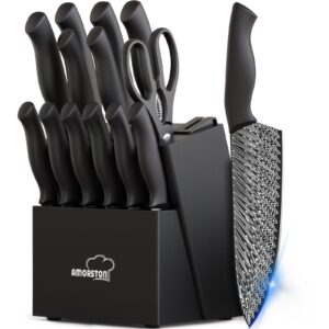 knife set, 15 pieces kitchen knife set with built in knife sharpener block