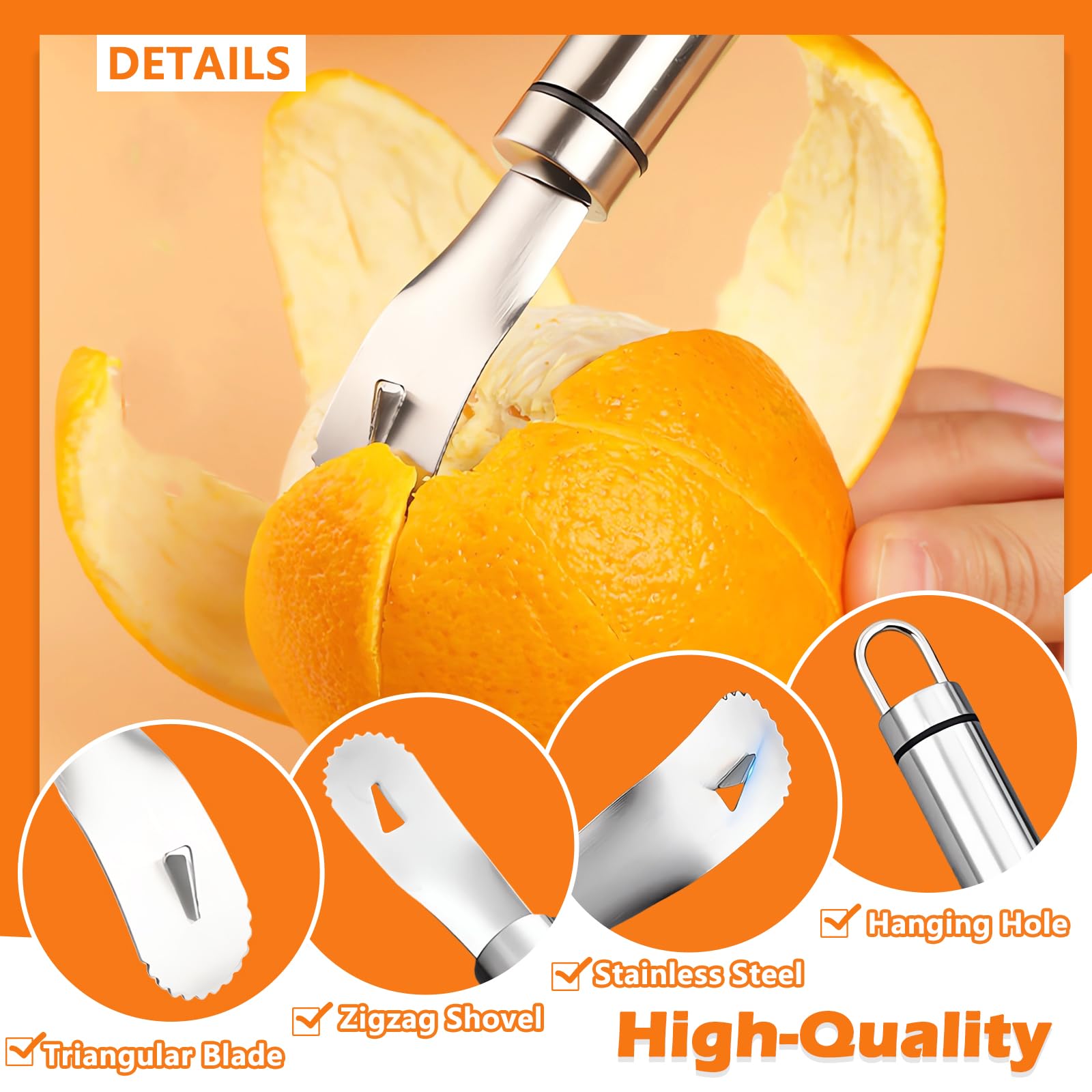 Stainless Steel Orange Peeler | Easy to Peel | Long Handle Orange Citrus Peeler Tool | Triangular-Blade & Zigzag-Shovel Orange Peeler Gadget