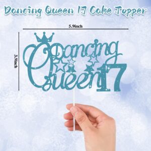 Crowye 17th Dancing Queen Gifts Dancing Queen 17 Cake Topper 17th Tiara Crown Sash Candles 17 Birthday Decorations for Party Accessories(Blue)