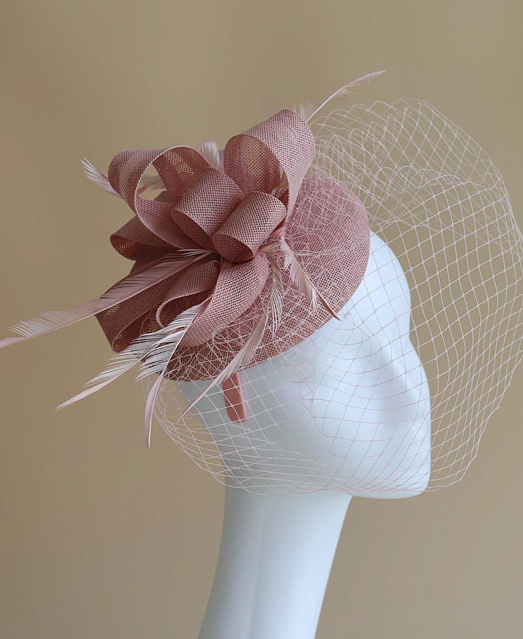 Focupaja Fascinators Hats Women Pillbox Hat with Mesh Veil Feathers Derby Headband Wedding Headwear Tea Party Hair Clip 20s 50s Top Hat W4-38-Pink