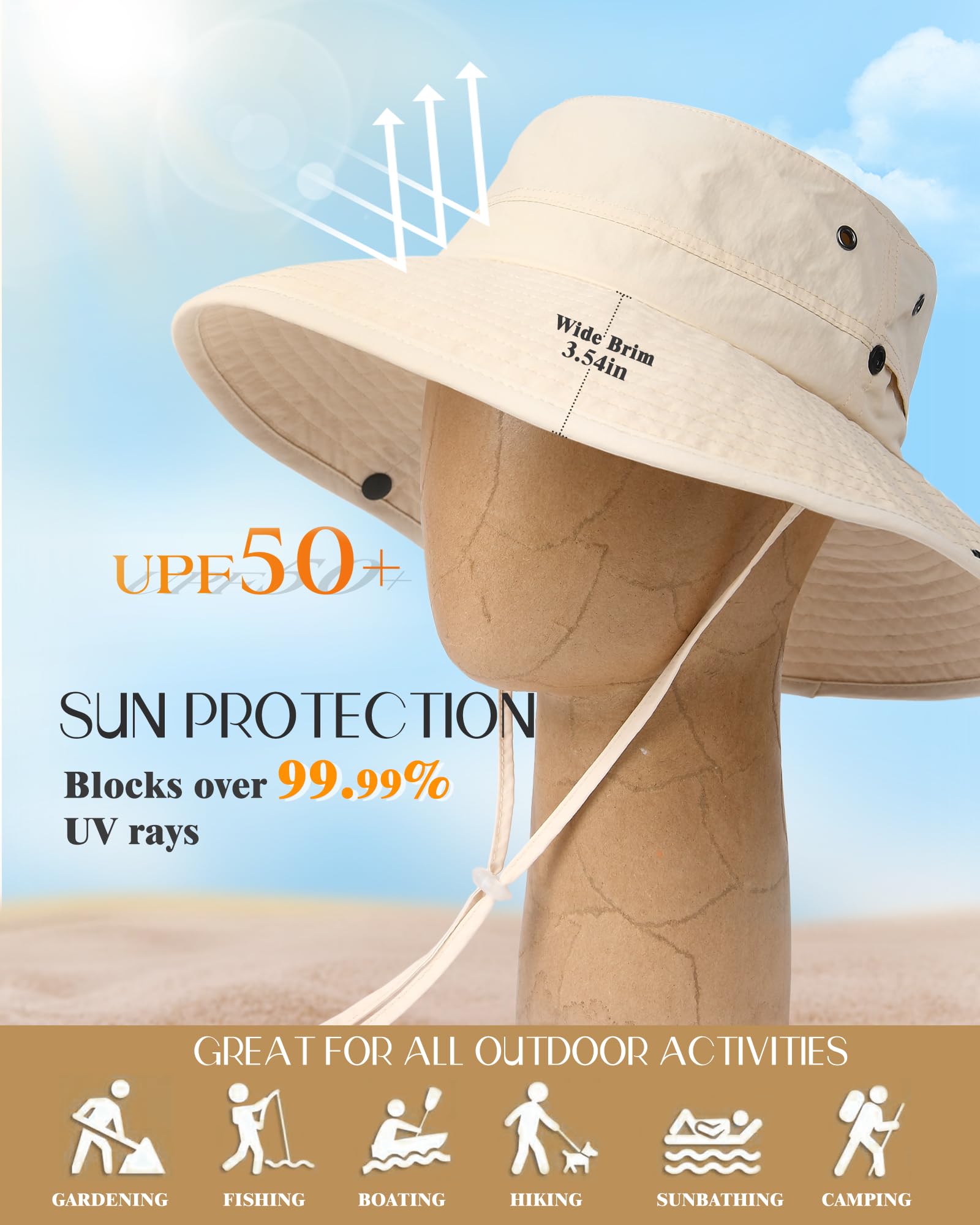 FURTALK Sun Hats for Women Ponytail UV Protection Summer Hat Wide Brim Packable UPF50 Cowboy Hat Hiking Fishing Hats Beige