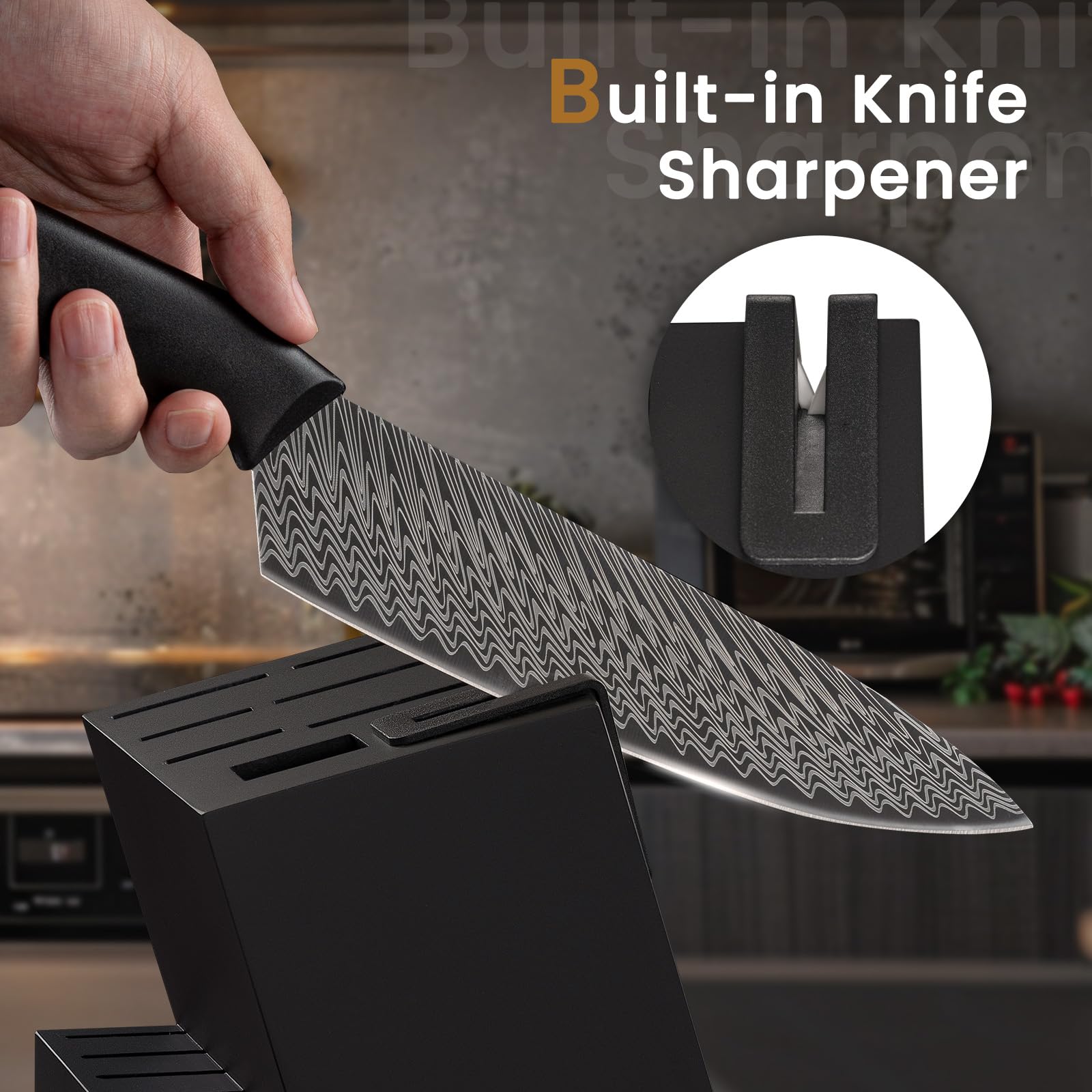 Knife Set, 15 Pieces Kitchen Knife Set with Built in Knife Sharpener Block