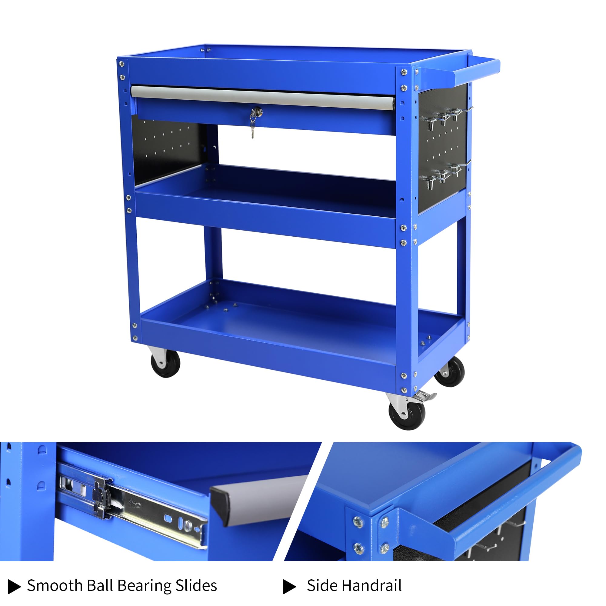 Heavy Duty 3 Tier Rolling Tool Cart with 1-Drawer,Service Cart Tool Organizer with Locking,Utility Cart Industrial Storage with Wheels and Handle for Warehouse,Garage,Workshop,Mechanic,Blue