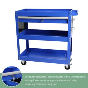 Heavy Duty 3 Tier Rolling Tool Cart with 1-Drawer,Service Cart Tool Organizer with Locking,Utility Cart Industrial Storage with Wheels and Handle for Warehouse,Garage,Workshop,Mechanic,Blue