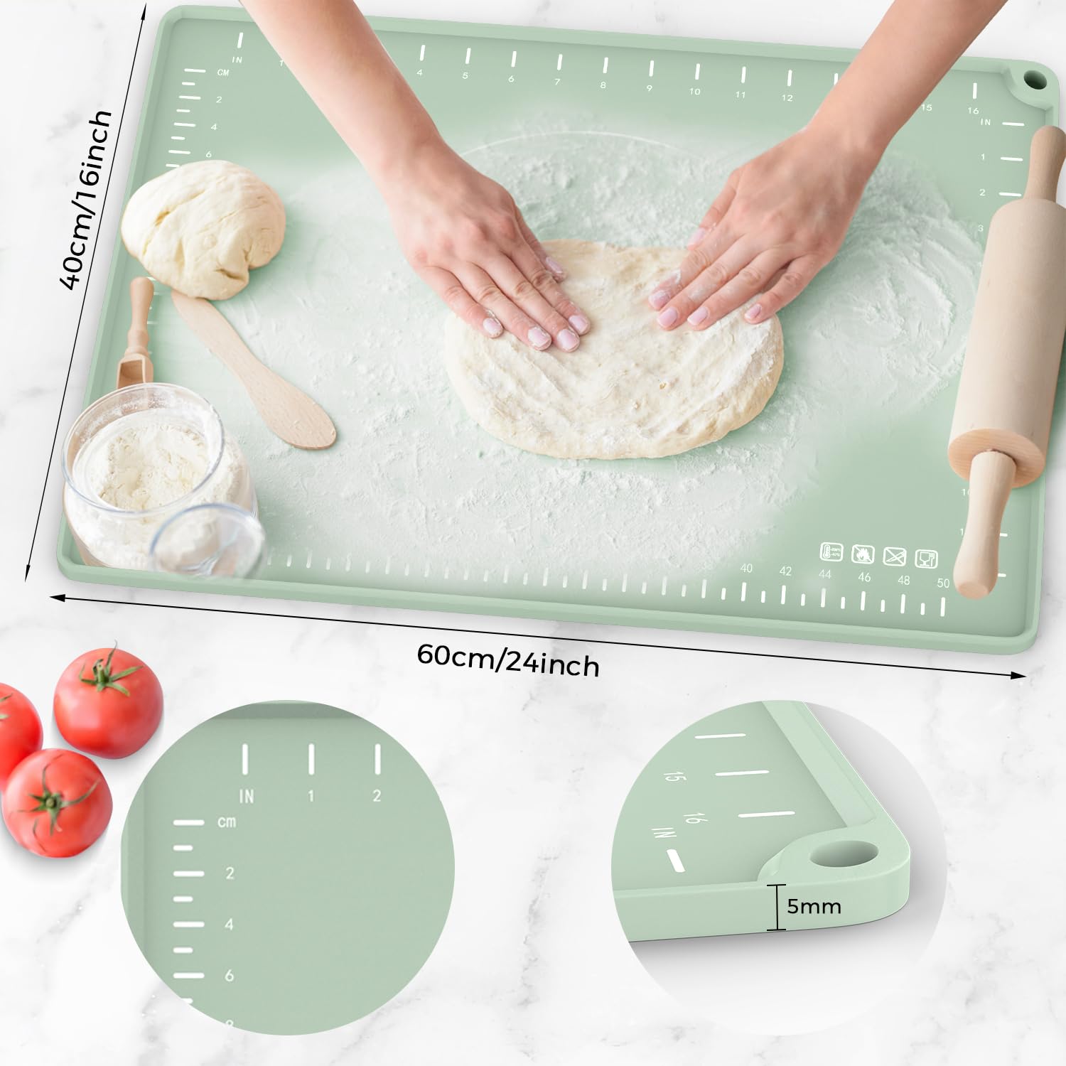 Silicone Baking Mat 24" x 16", Extra Thick Dough Rolling Mat with Measurements and Edge Heightening, Non-stick Food Grade Silicone Pastry Mat for for Pastry, Bread, Cookies, Pizza, Fondant, Pasta