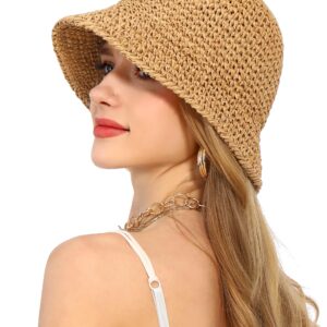 Rulala Fancy Womens Sun Hat Handmade Straw Bucket UV Protection Wide Brim Packable Travel Summer Cap for Beach UPF 50+(Khaki)