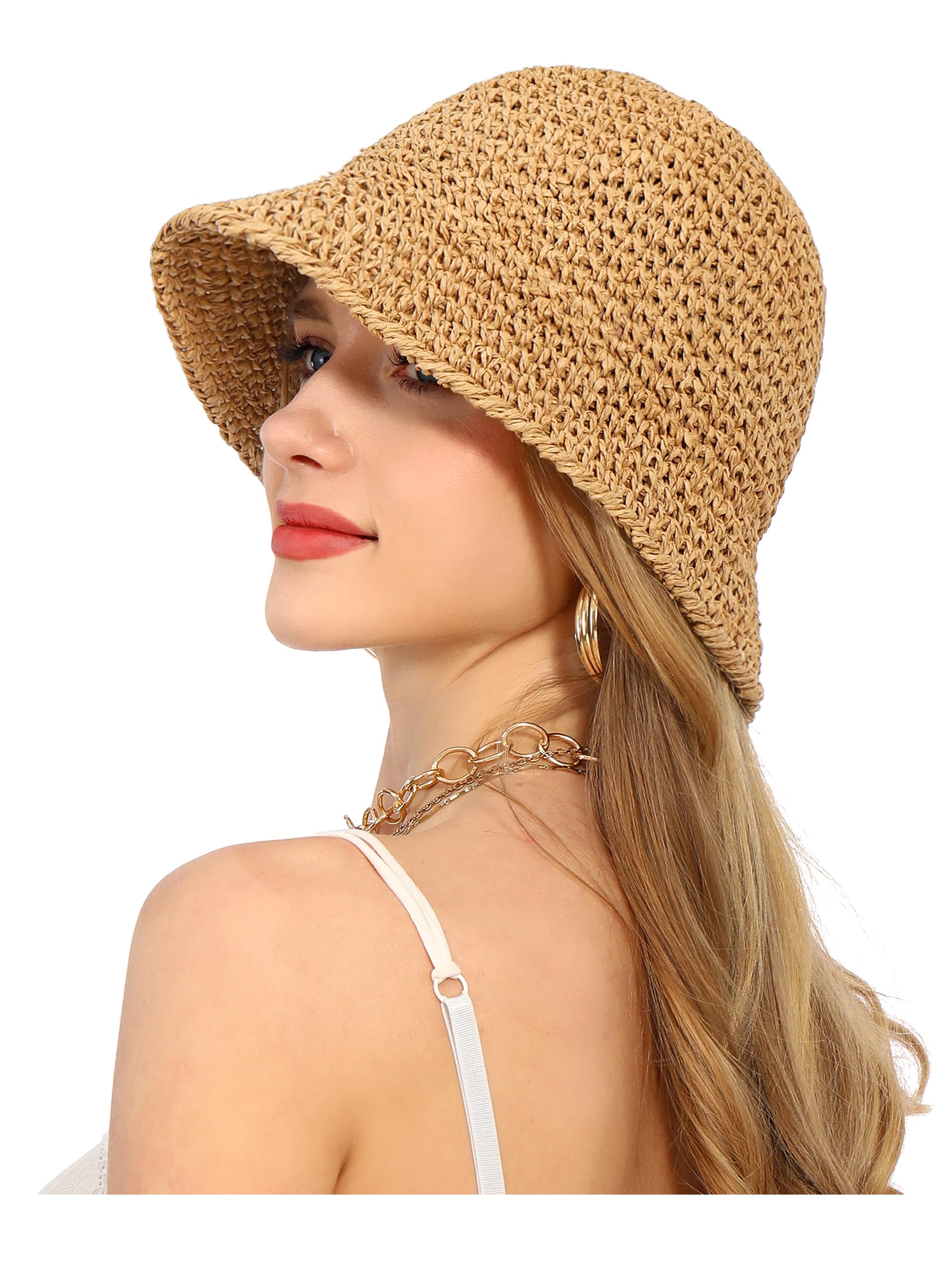 Rulala Fancy Womens Sun Hat Handmade Straw Bucket UV Protection Wide Brim Packable Travel Summer Cap for Beach UPF 50+(Khaki)