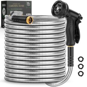 garden hose 50 ft, metal stainless steel water hose with 10 function nozzles, no kinks, flexible hose, lightweight, puncture proof, heavy duty hose for yard and outdoor