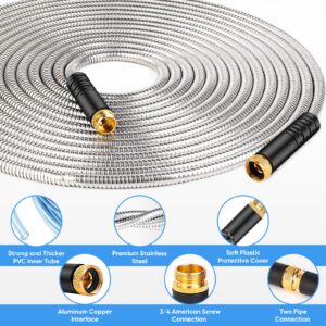 Garden Hose 50 FT, Metal Stainless Steel Water Hose with 10 Function Nozzles, No Kinks, Flexible Hose, Lightweight, Puncture Proof, Heavy Duty Hose for Yard and Outdoor