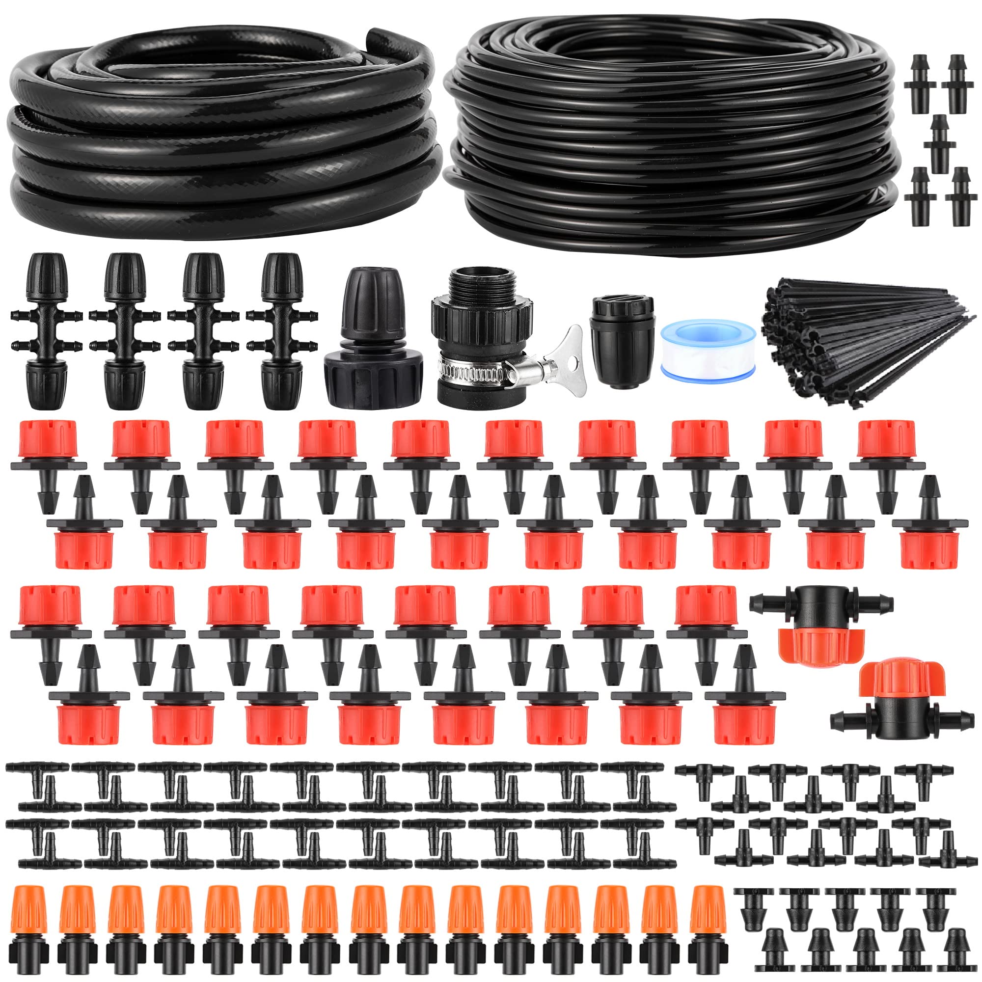 164FT 190 Pcs Drip Irrigation Kit,Garden Irrigation System 1/4" 1/2” Blank Distribution Tubing Watering Drip Kit Automatic Irrigation Equipment for Garden Greenhouse, Flower Bed,Patio,Lawn (164 FT)