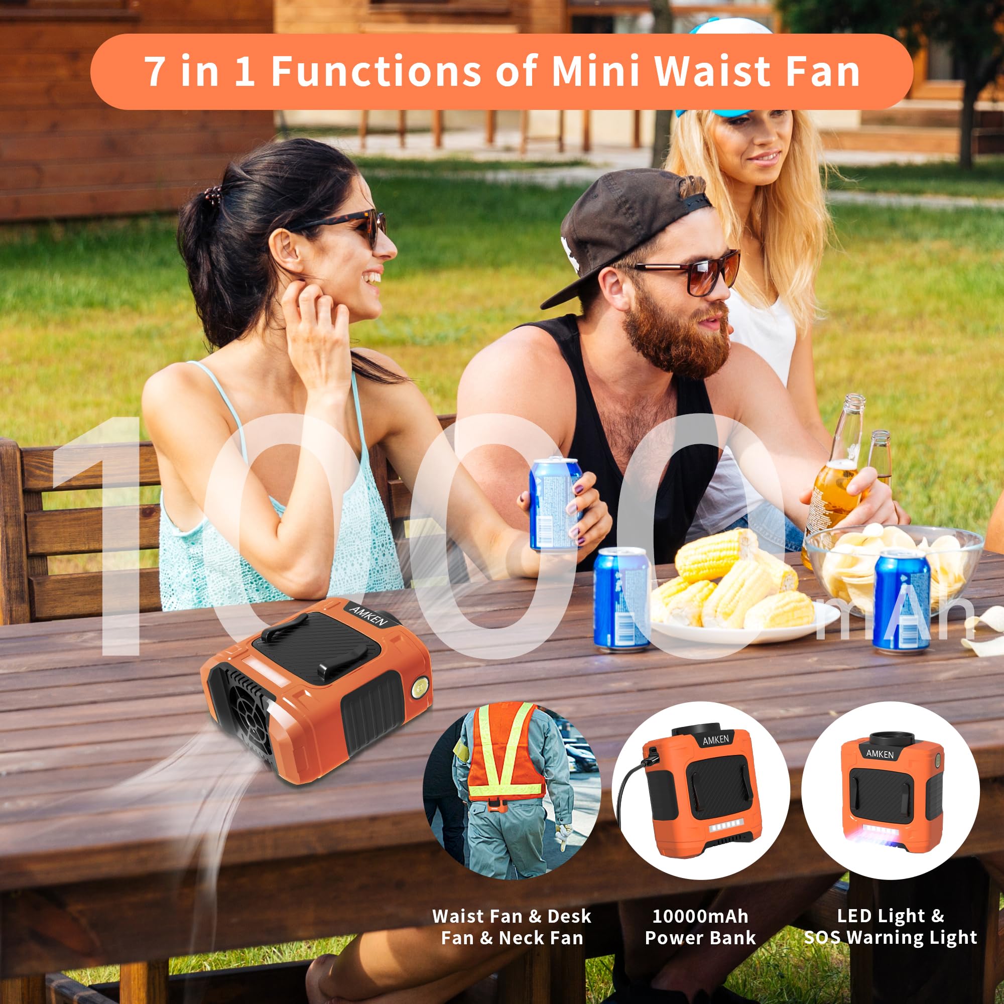 AMKEN Waist Fan - Belt Fan, Portable Clip Fan with 10000mAh Battery, 24-Hour Working Time, LED SOS Light - 3 Speeds, 15500RPM Strong Airflow - Neck Fan for Jobsite, Farming, Fishing