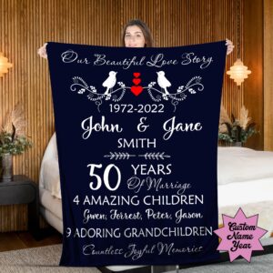 BL108 Personalized Our Beautiful Love Story 50 Years of Marriage Gift for Parents Couple On Valentine, Wedding Anniversary Blanket (Multicolor)