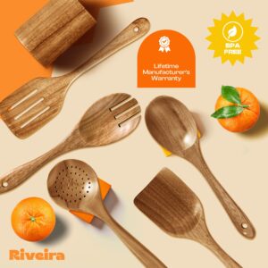 Riveira 9 Pieces Teak Wooden Spoons For Cooking – Premium & Durable Organic Teak Wooden Cooking Utensils – Non Stick Wooden Spatula For Cooking – Non Toxic Wooden Utensil Set With Holder & Spoon Rest